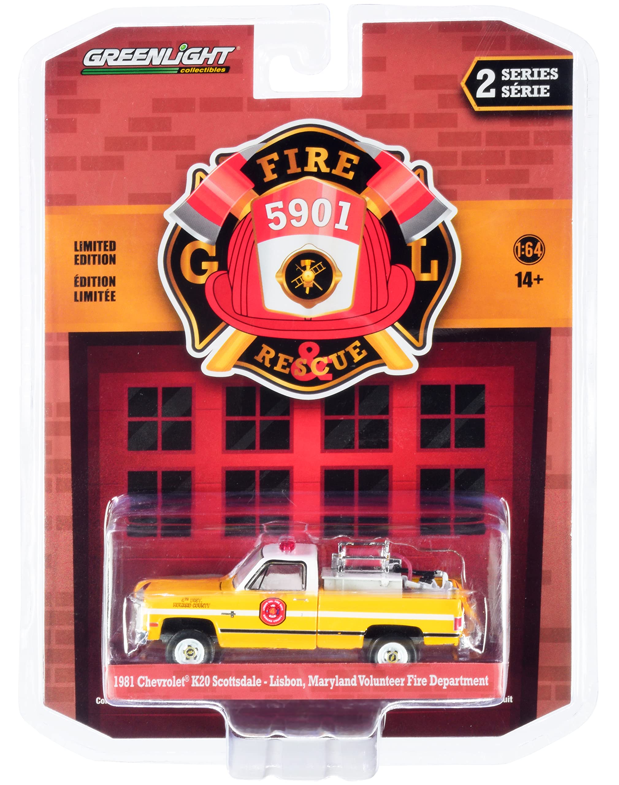1981 Chevy K20 Scottsdale Pickup Truck Yellow & Fire Equipment Lisbon Volunteer Fire Department Maryland 1/64 Diecast Model Car by Greenlight 67020 B