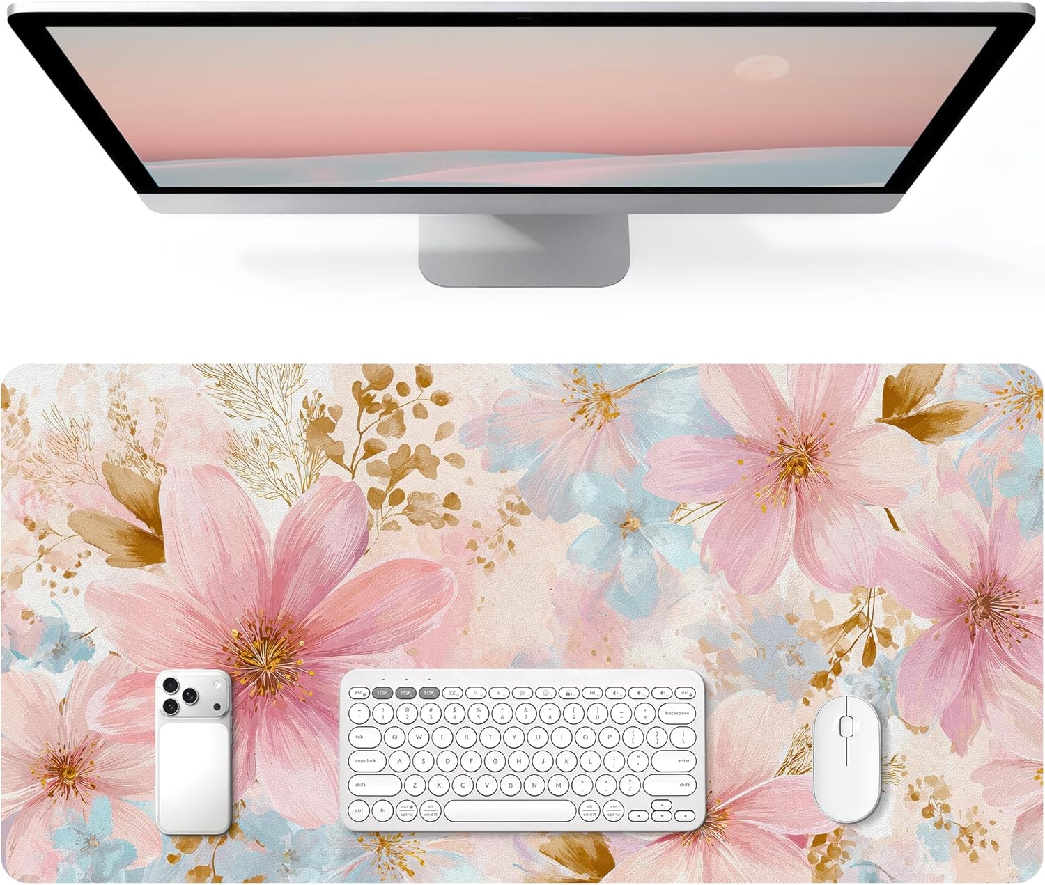 Alfombrilla de Escritorio para Teclado y Mouse 80x40 cm, Floral Rosa Azul