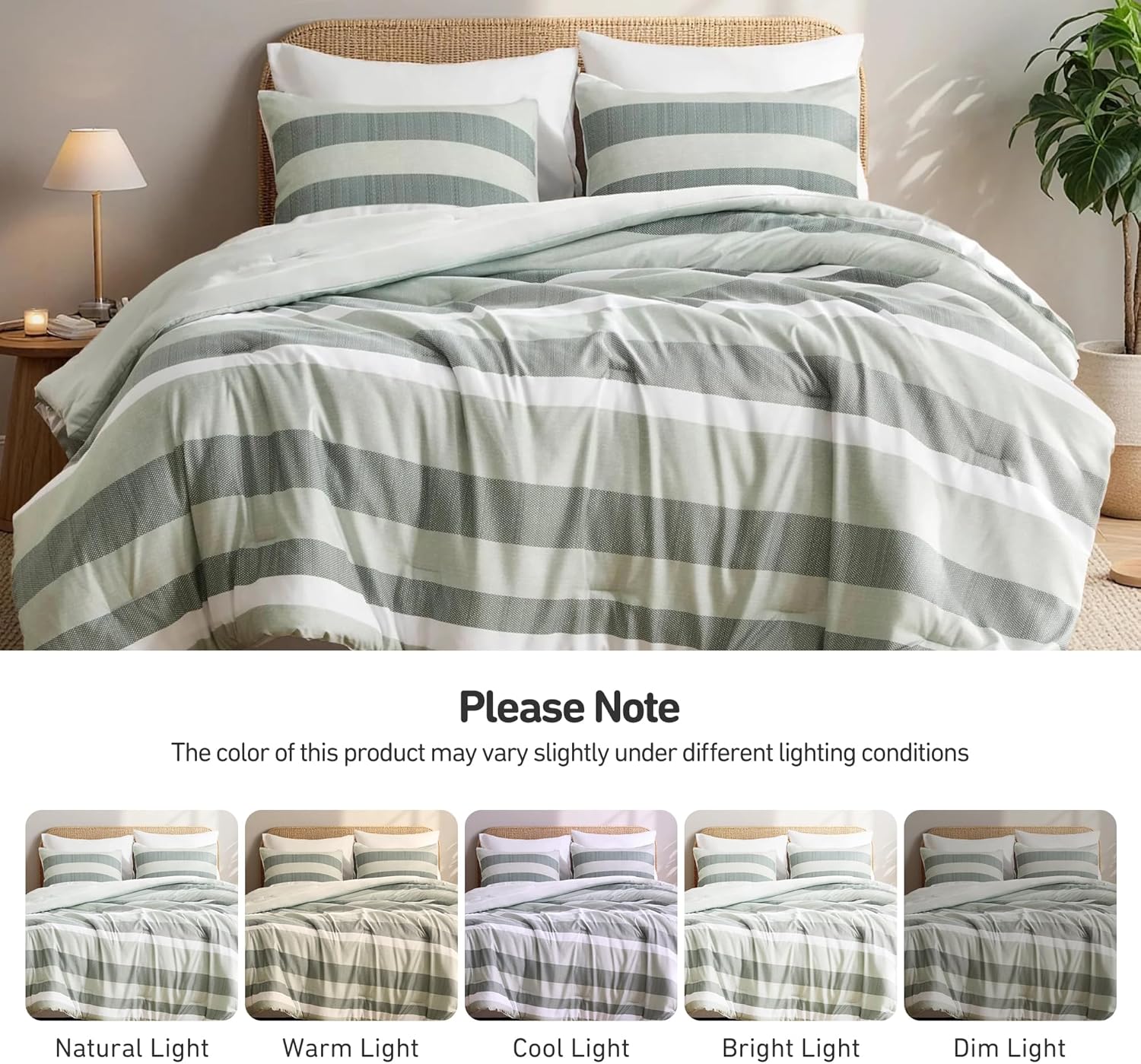 King Comforter Set, 3 Pieces Striped Bed Set, Soft Brushed Microfiber Reversible Bedding Set for All Season, Lightweight & Breathable Bedding Set with Comforter & Shams, Sage Green - Image 9