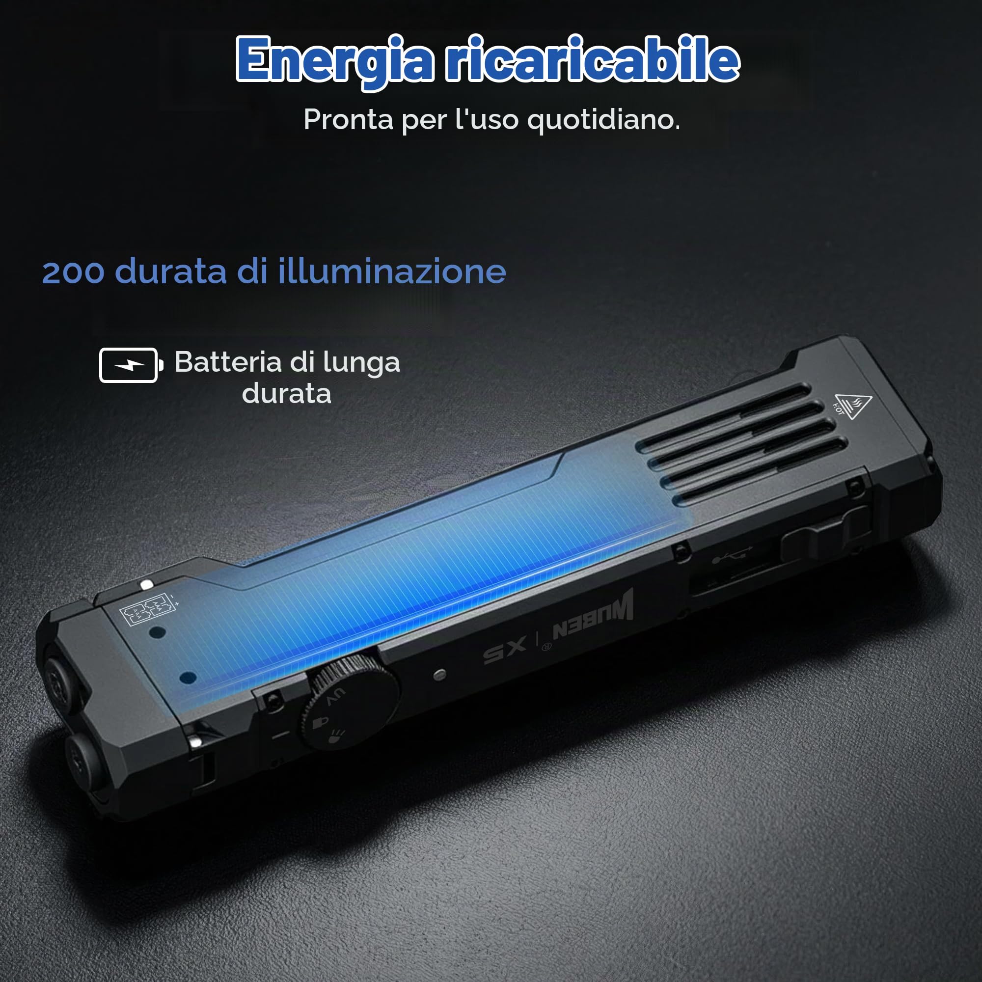 WUBEN X5 Torcia LED Ricaricabile Potente Professionale, 1300 Lumen 3 in 1 a 6 Modalità con Raggio Verde e UV Luce Nera, USB C Torcia Tattica Impermeabile IP65 per Campeggio, Esterno e Lavoro(Nero)