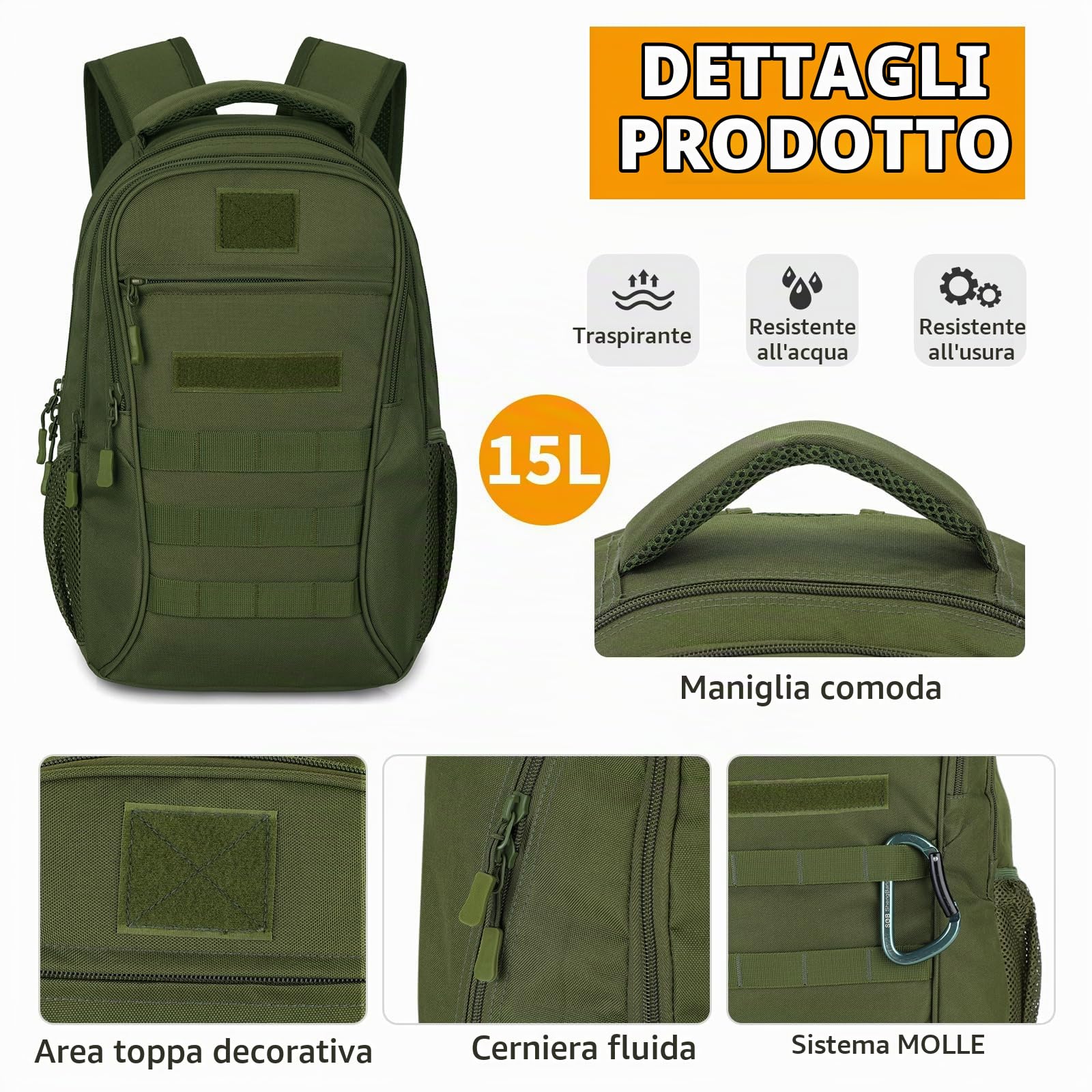 HUNTVP Zaino Militare 15L Zaino Tattico Molle Zainetto Uomo Impermeabile per Pesca Campeggio Casual Viaggio Trekking