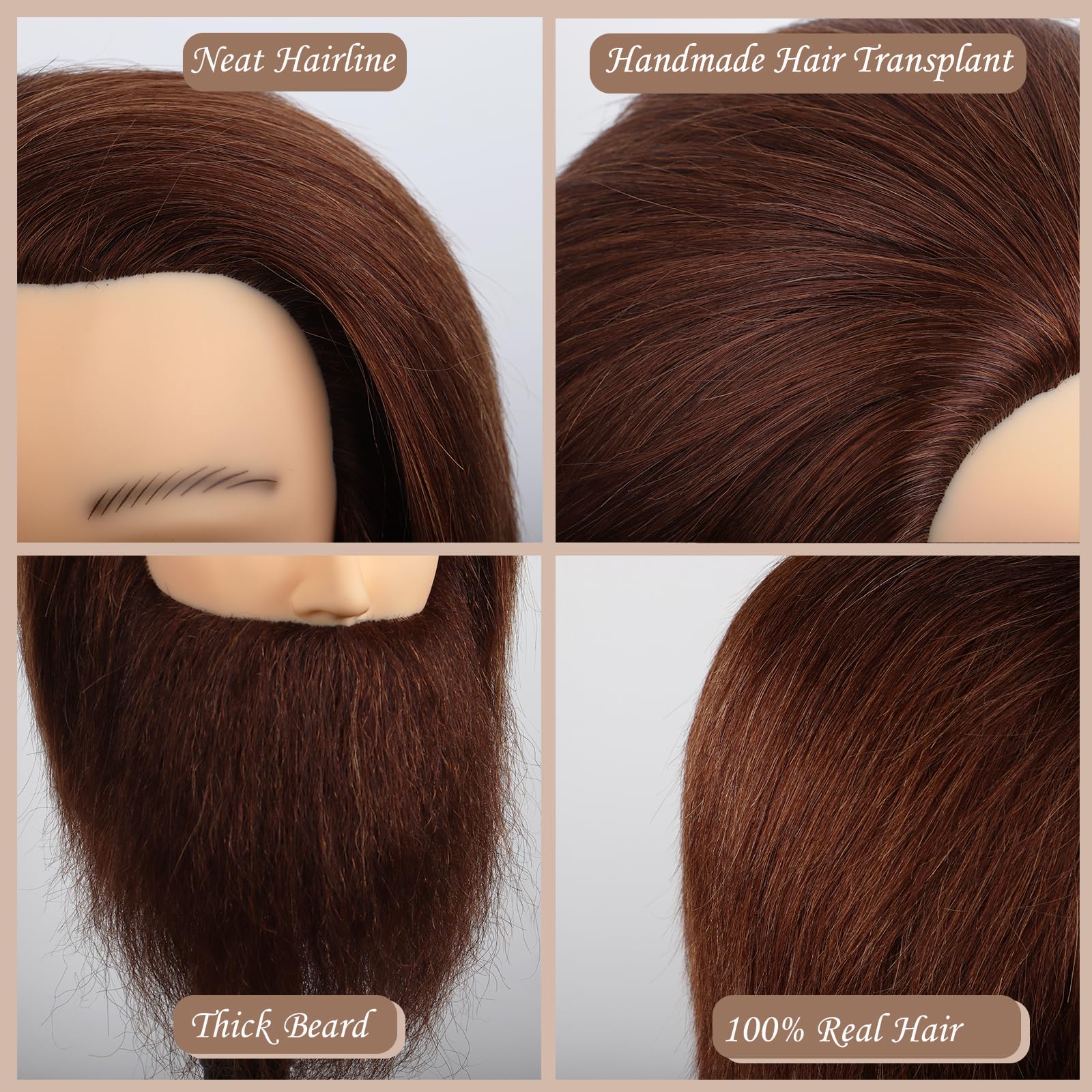 Cabeza Maniqui Peluqueria Hombre Pelo Natural 100% con Barba | Uomo Práctica Cabeza Peluquero de Entrenamiento Maniquí para Estudio Profesional en la Cosmetología con Soporte, Marrón, 35cm