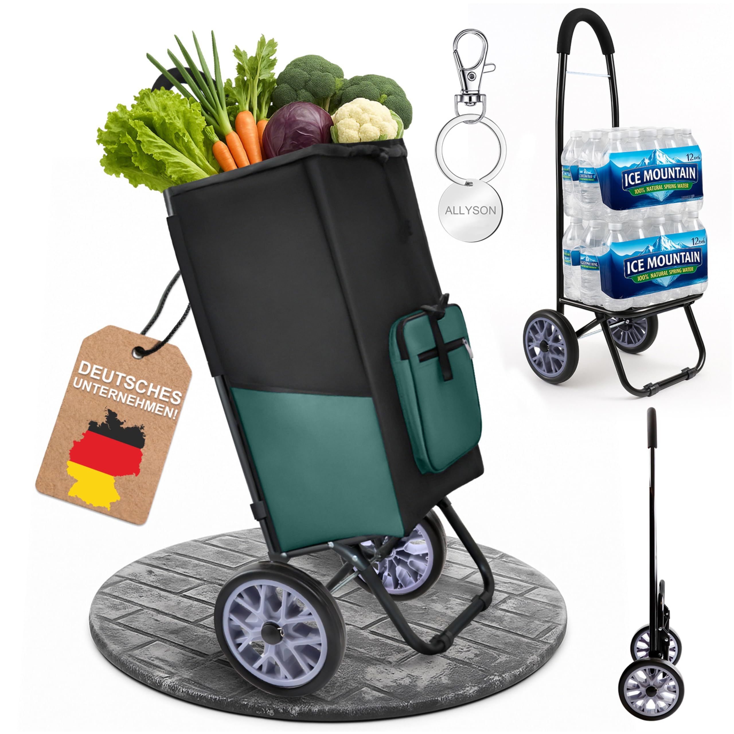 Allyson® Einkaufstrolley klappbar, Wasserabweisende 40L Tasche | Ergonomischer Griff, langlebige Räder, kompakt und platzsparend, Aluminiumrahmen, inklusive Einkaufswagenlöser.