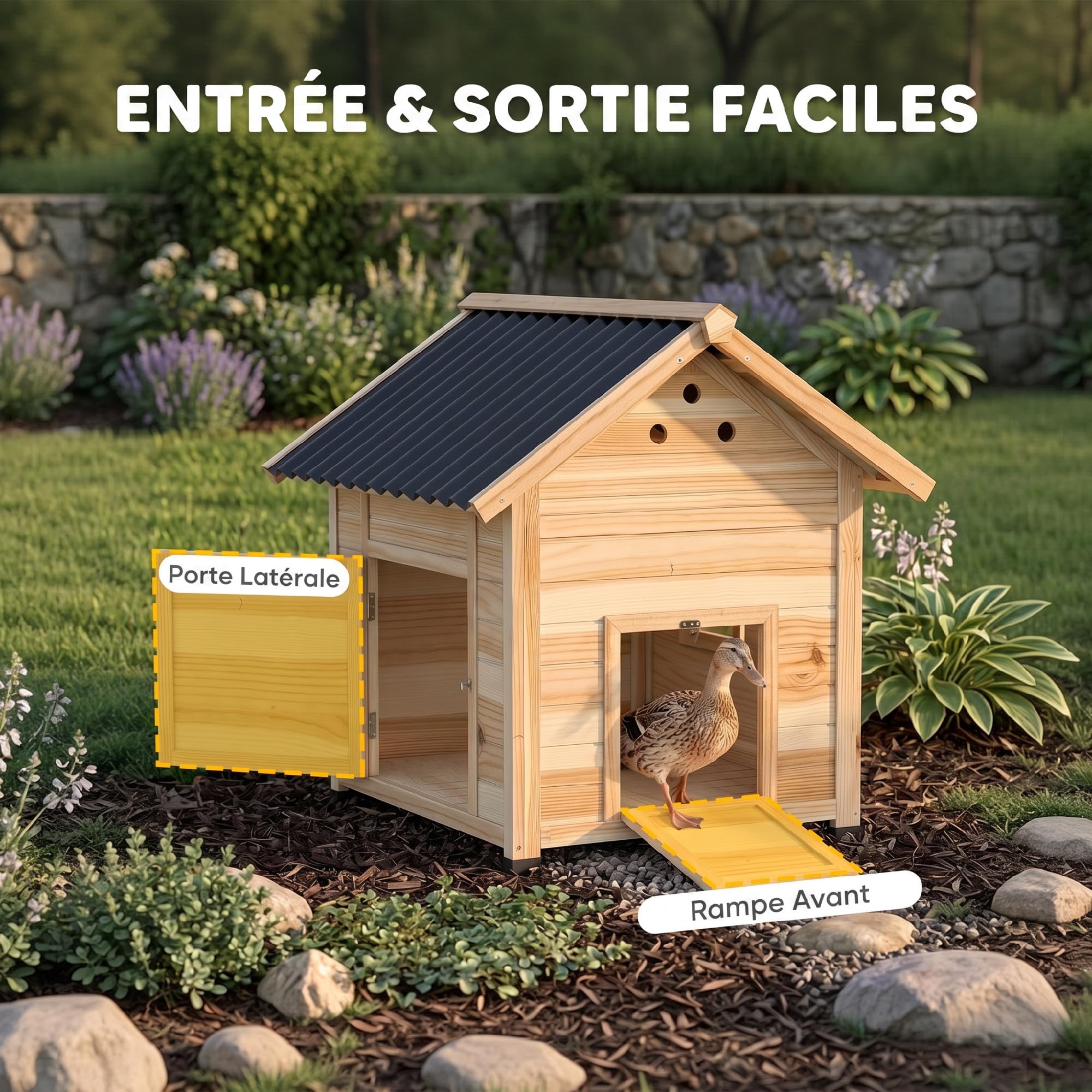PawHut - Caseta para patos de madera, techo impermeable, 78 x 90 x 92 cm, madera natural | Para Patos y Gansos, Ventilación, Base Desmontable, Puerta Lateral, Gallinero