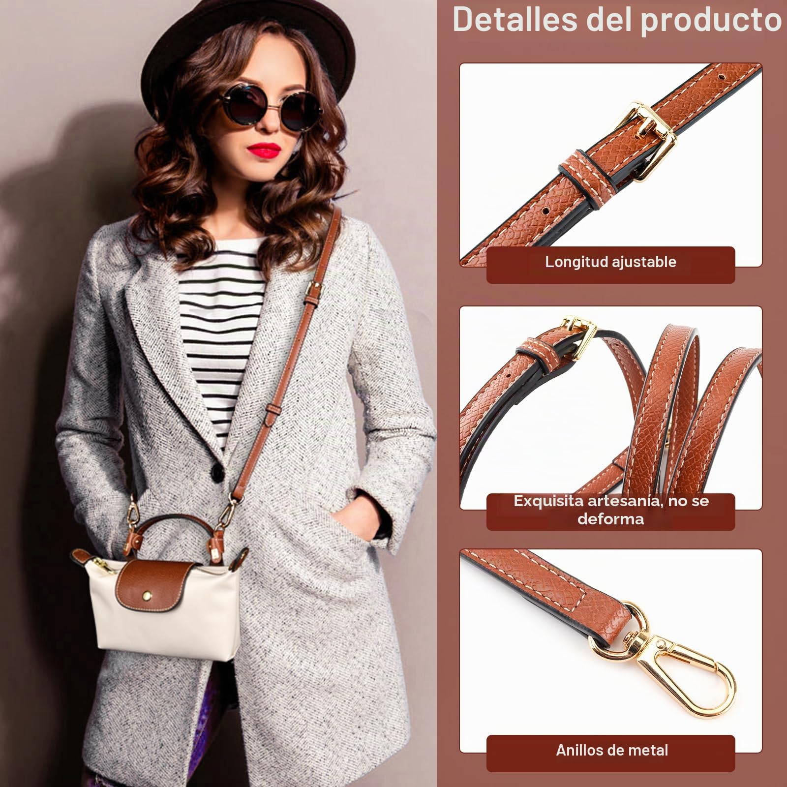 Correa para Longchamp Mini, Correa Bolso Bandolera Mujer - Marrón, Ajustable Cuero Bandolera para Mini Mochila, No Perforación con 2 Adaptadores para Correas de Hombro, Longitudes 120 cm