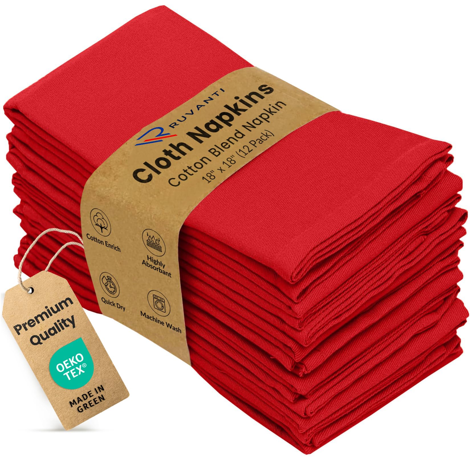 Ruvanti Cloth Napkins Set of 12, Cotton Enrich 18”x18” - Red