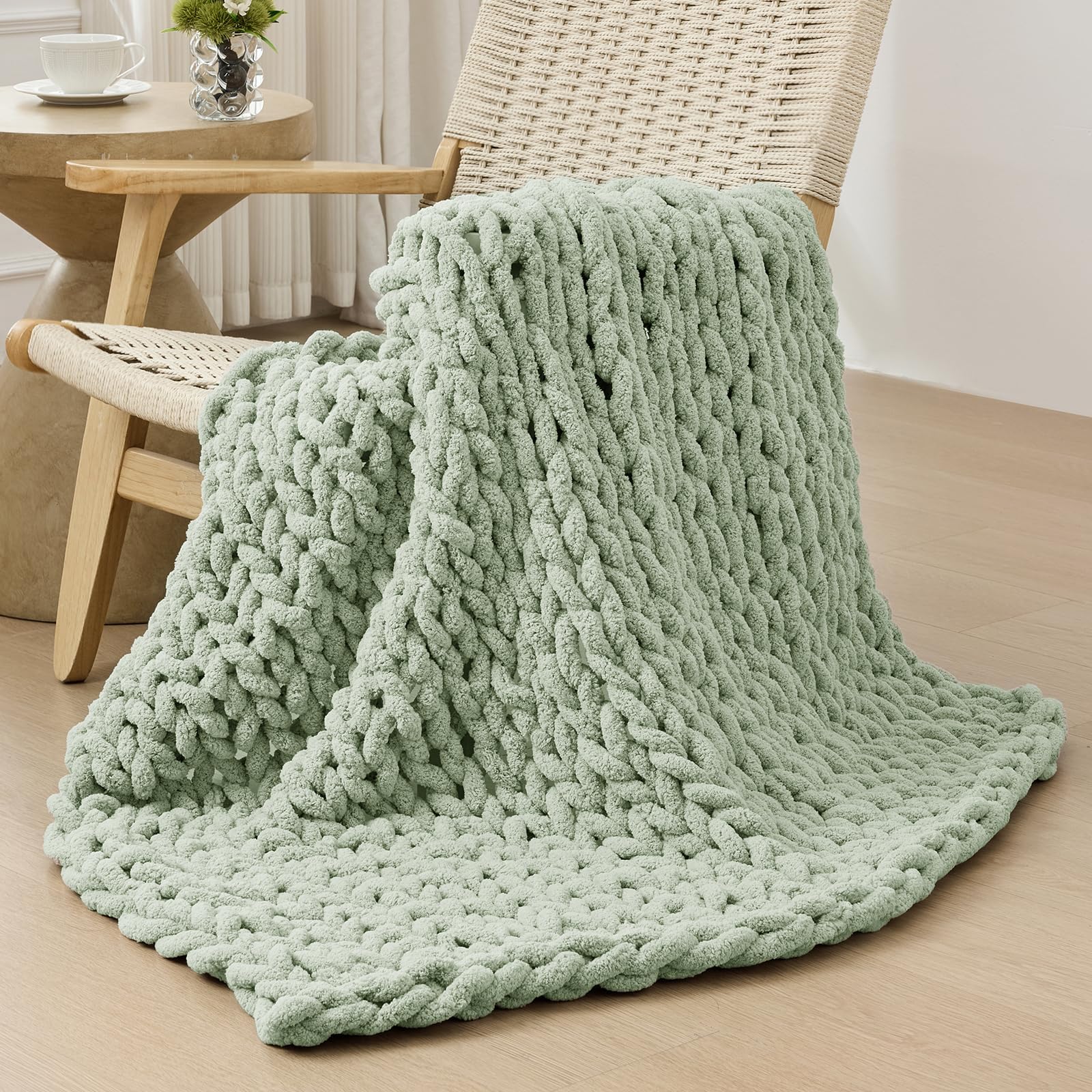 Bigacogo Chunky Knit Throw Blanket for Couch, 40x40 inches, 100% Hand Knitted with Thick Jumbo Chenille Yarn, Cozy Soft Large Rope Knot Cable Crochet Blankets for Sofa Bed Living Room, Sage Green