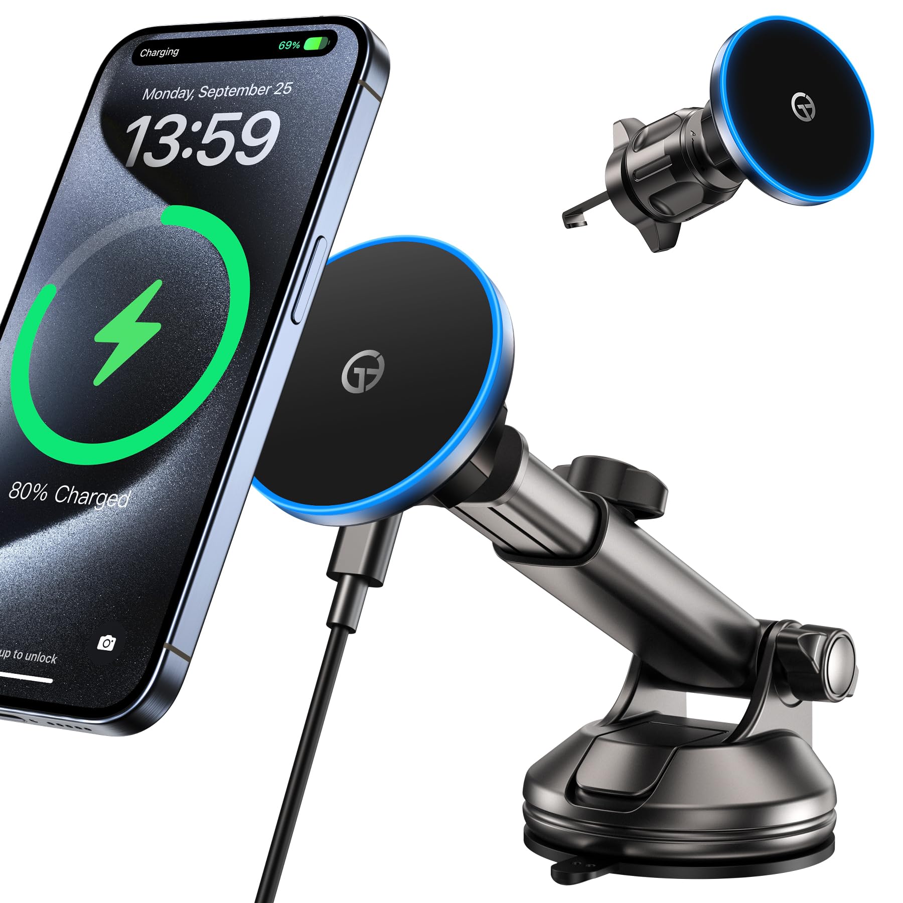 for MagSafe Car Mount Charger【Dash+Vent+Windshield】Wireless Car Charger with [LED Light] for Night Align, Strong Magnetic Phone Holder for Car for iPhone 16 15 14 13 12 Series, Fit MagSafe Accessories