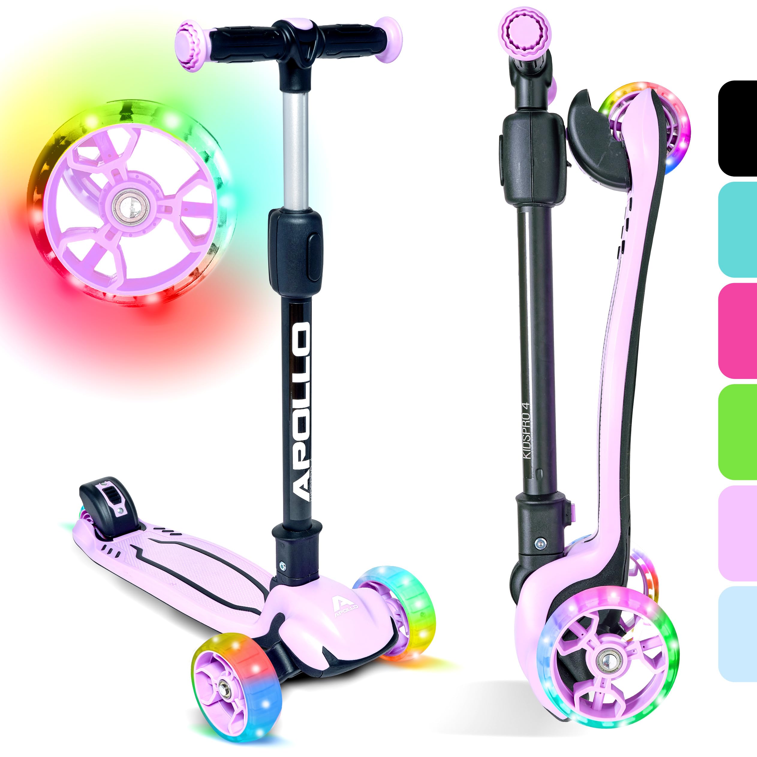 Apollo KidsPro 4 Kinderroller | klappbarer Kinder Scooter, höhenverstellbarer Dreiradscooter | Roller Kinder 3 Jahre Altersempfehlung | Kinderroller 3 Räder mit LED Rollen | Scooter Kinder-gerecht