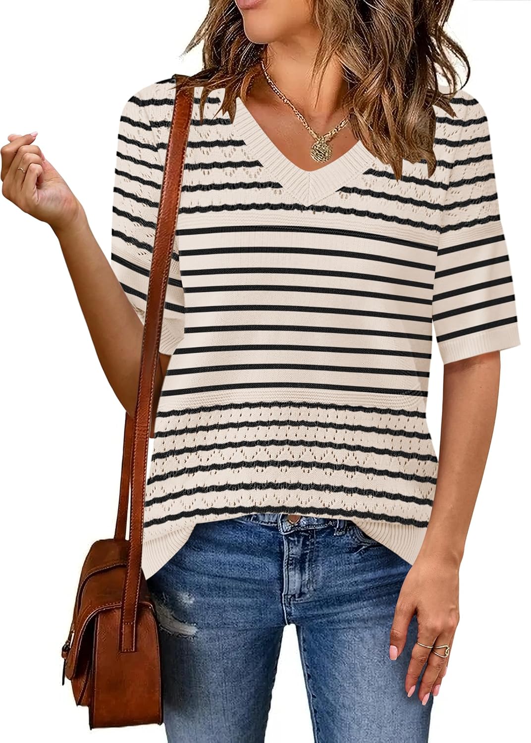 Zeagoo Womens Summer Sweater Casual Short Sleeve Pullover Tops V Neck Lightweight Shirts Ribbed Knit Dressy Blouse