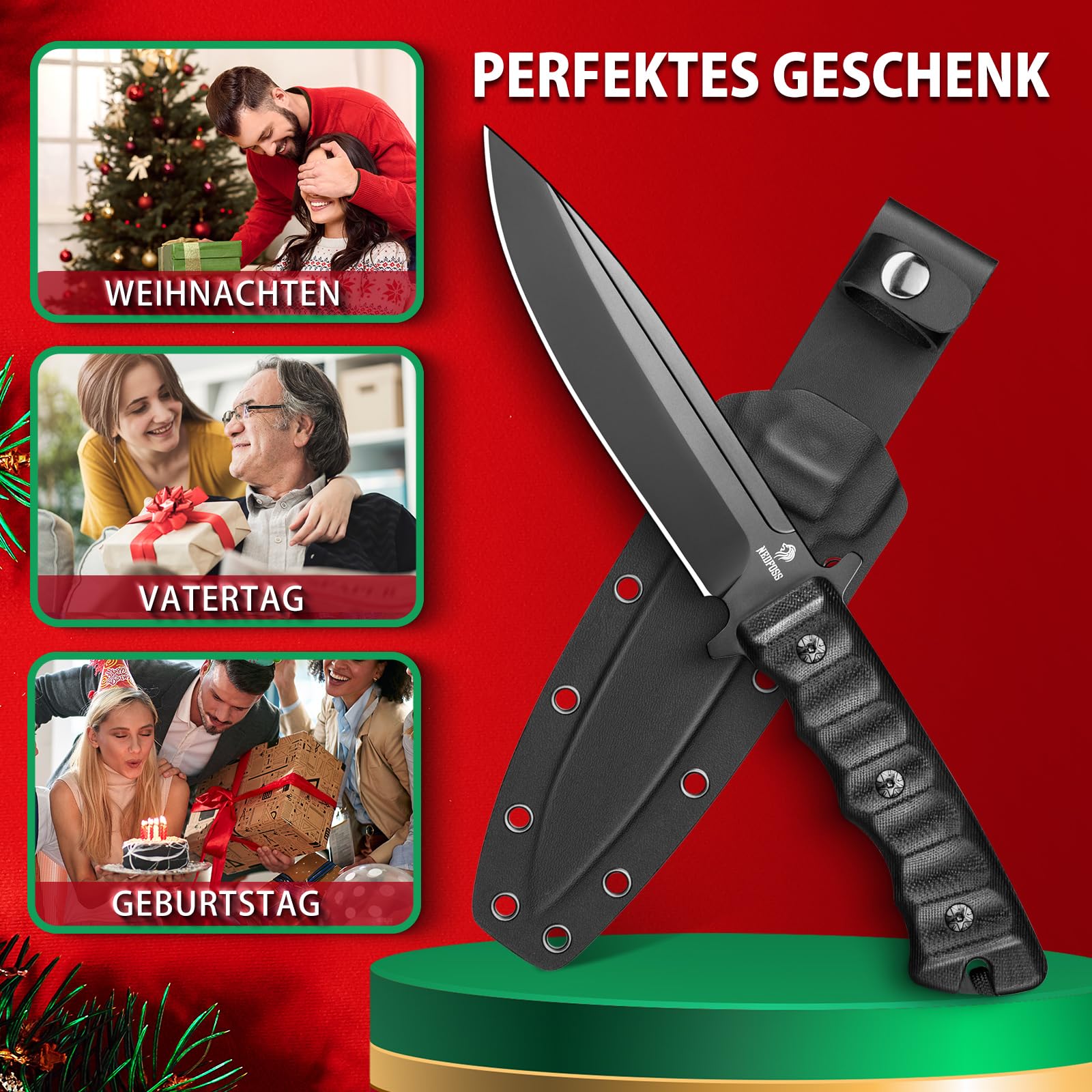 NedFoss Black PHOENIX nóż survivalowy, 15 cm, nóż outdoorowy z uchwytem G10 | Full TANG noże stałe z pochwą Kydex i tytanem, ostre noże myśliwskie na kemping, polowanie, prezent, do kolekcji
