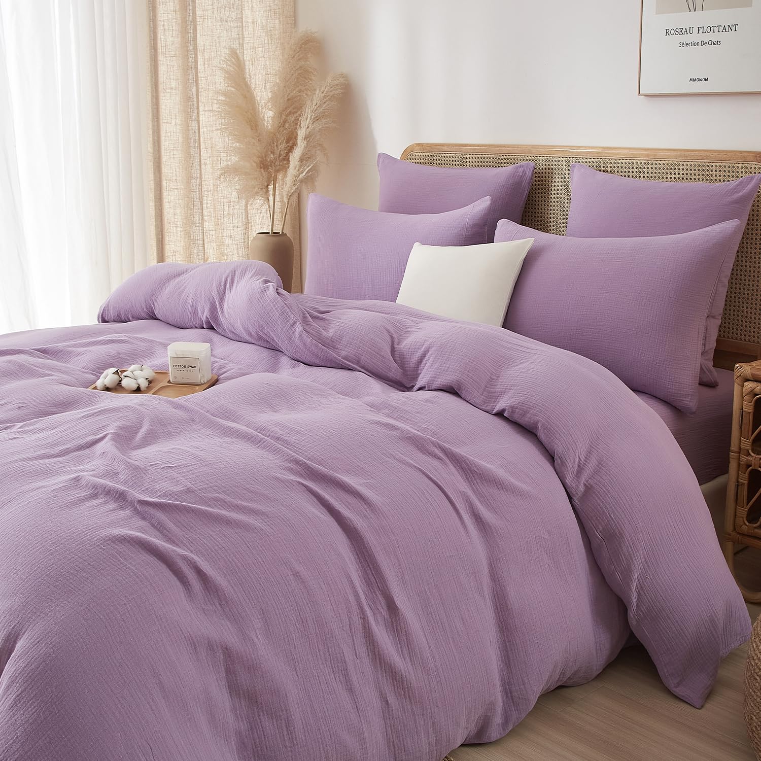 Luofanfei Baumwolle Muslin Bettwäsche 200x200 Lila Sommer Kühlende Renforce Uni Bettwäsche Set Boho Weiche Bettbezug Knitterlook Bügelfrei mit Reißverschluss und Kissenbezüge 80x80cm