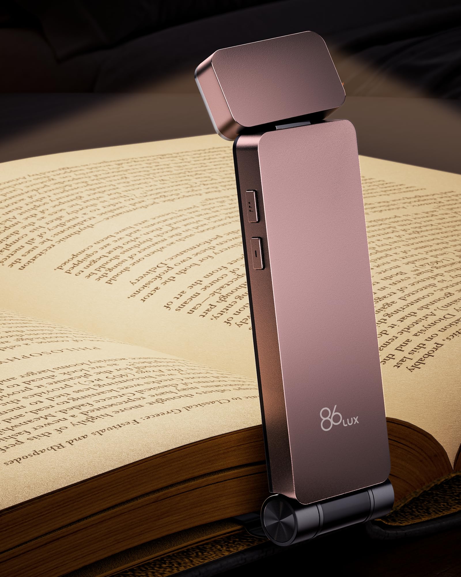 86lux Book Light, Rechargeable Clip-On LED Reading Light for Bed & Night Use - 3 Color Temperatures with Stepless Dimming, Ultralight Bookmark Design for Kids, Book Lovers, Pink Brown