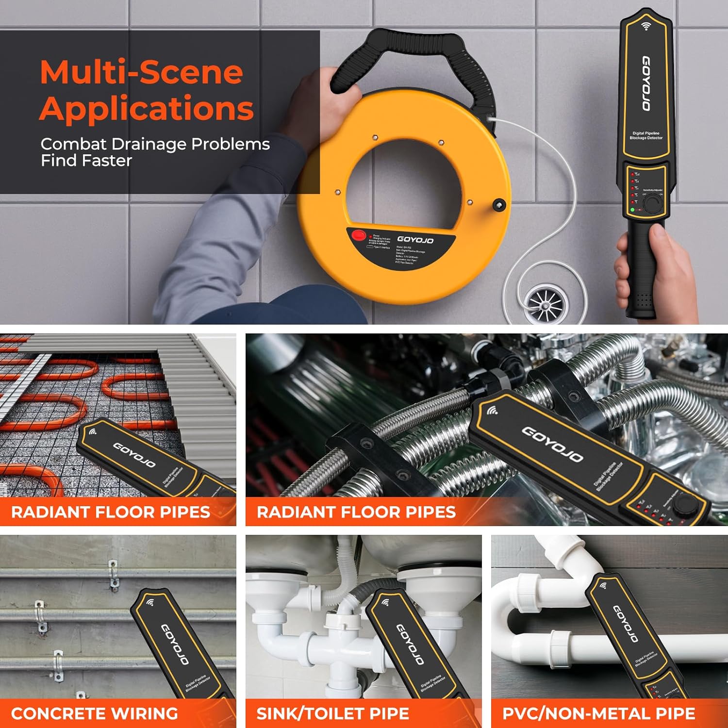 GOYOJO Pipeline Blockage Detector Locator for PVC & Metal Pipes – 30M Pipe Locators Underground Sewer Wall Scanner, Adjustable Sensitivity, IP67, Includes Transmitter & Receiver with Probe Accessories