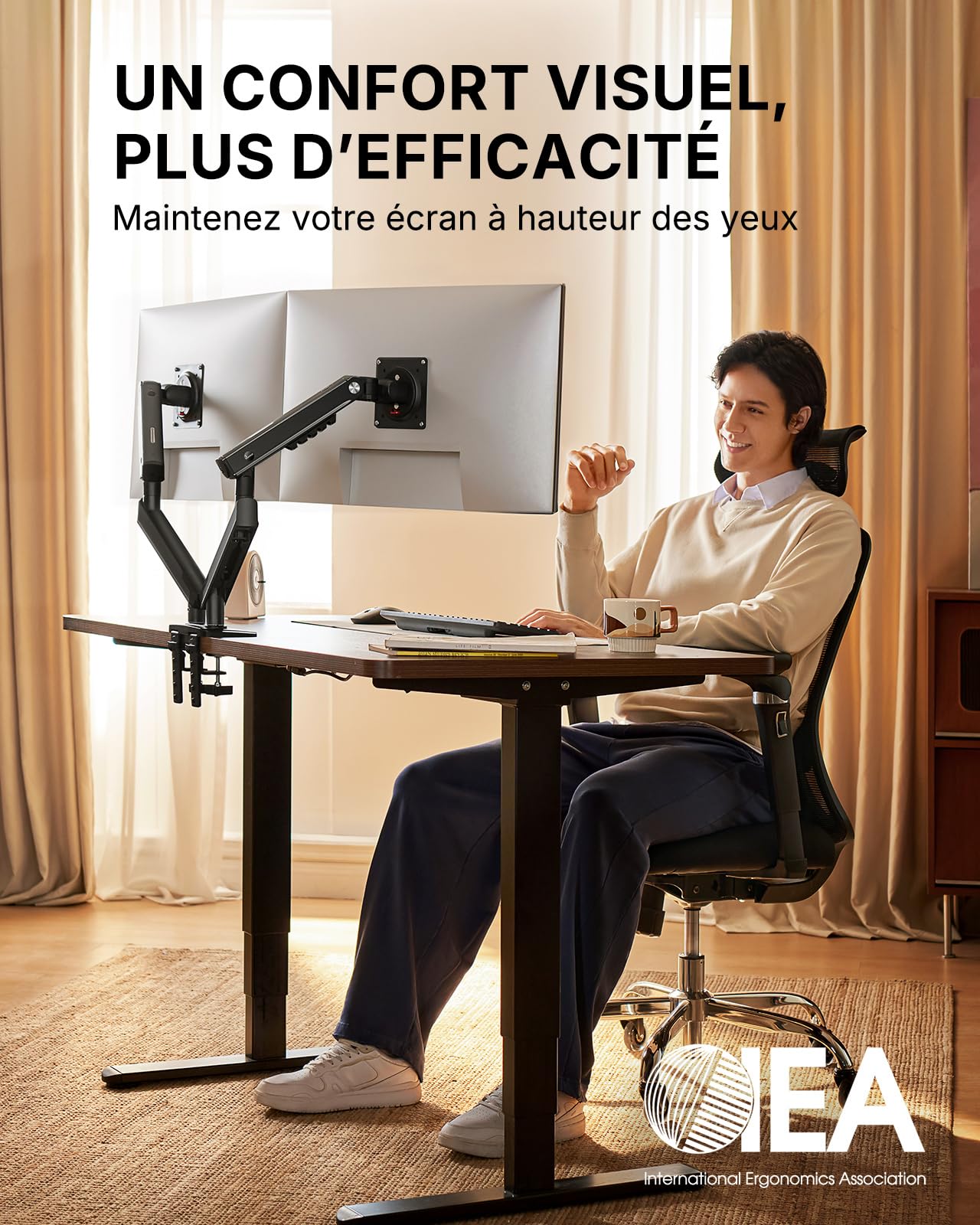 HUANUO Support Double écran PC, pour 2 écrans 13–32" (Max. 9 kg), FlowLift Pro Bras écran, MechaSpring(Inclinaison/Pivotement/Rotation), Montage VESA sans Outil, Montage par Pince en C ou par œillet