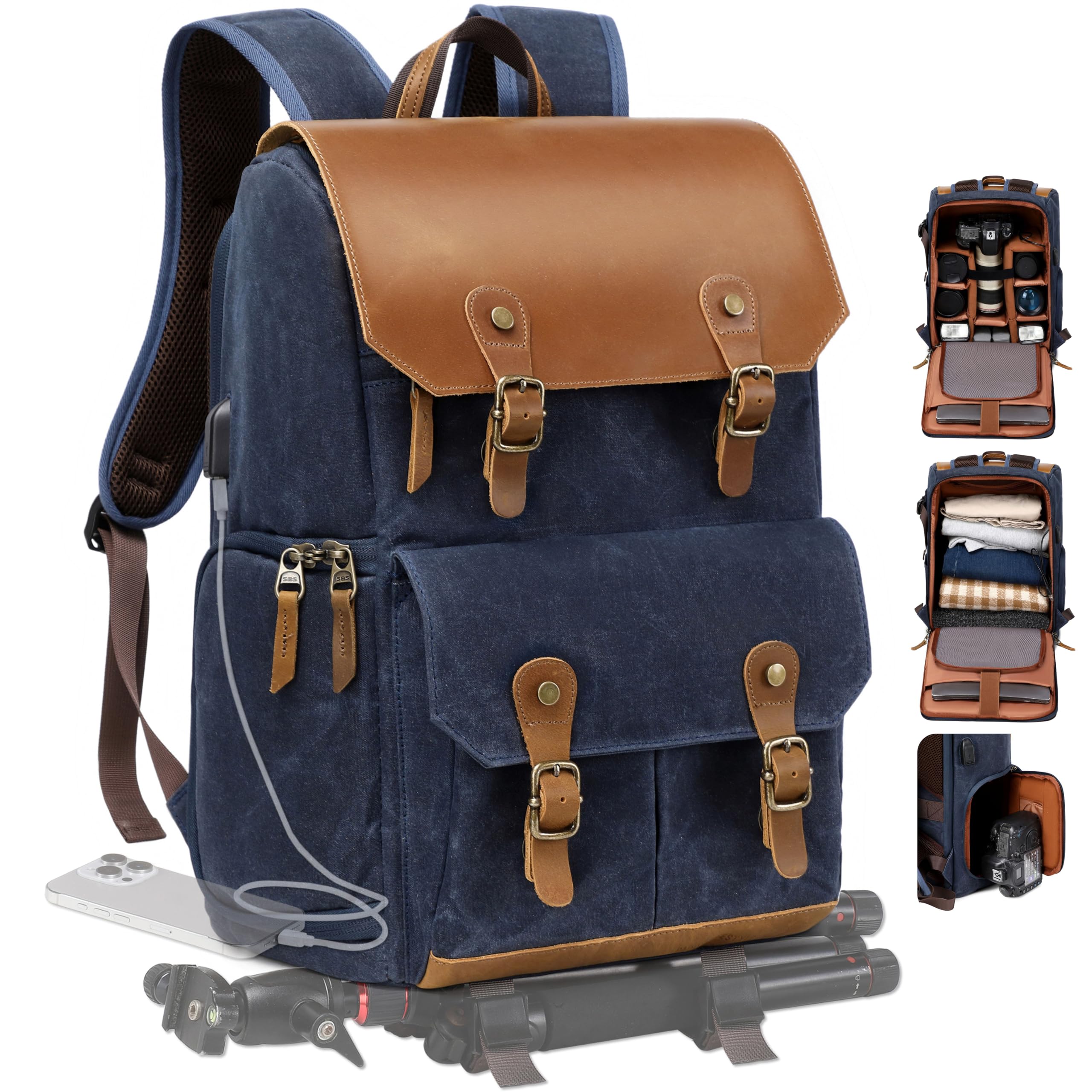 Padwa Lifestyle Blue Camera Backpack - Waxed Memory Canvas Camera Bag, Multi DSLR SLR Large Camera Backpacks for Photographers with 16” Laptop & Lens