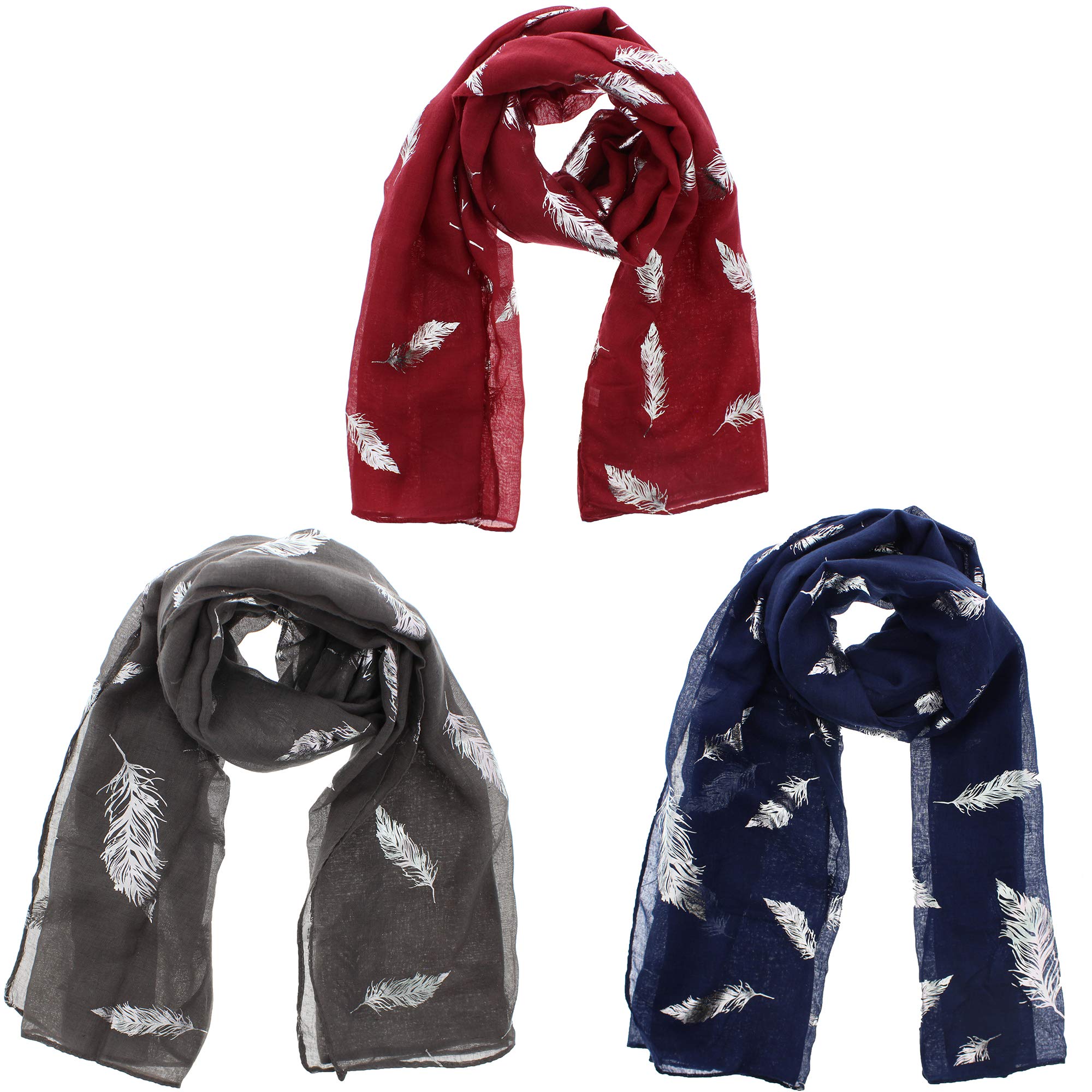 Zac's Alter Ego Women's Multicoloured Set Of 3 Lightweight Assorted Colour Silver Foil Feathers & White Trees Print Scarves