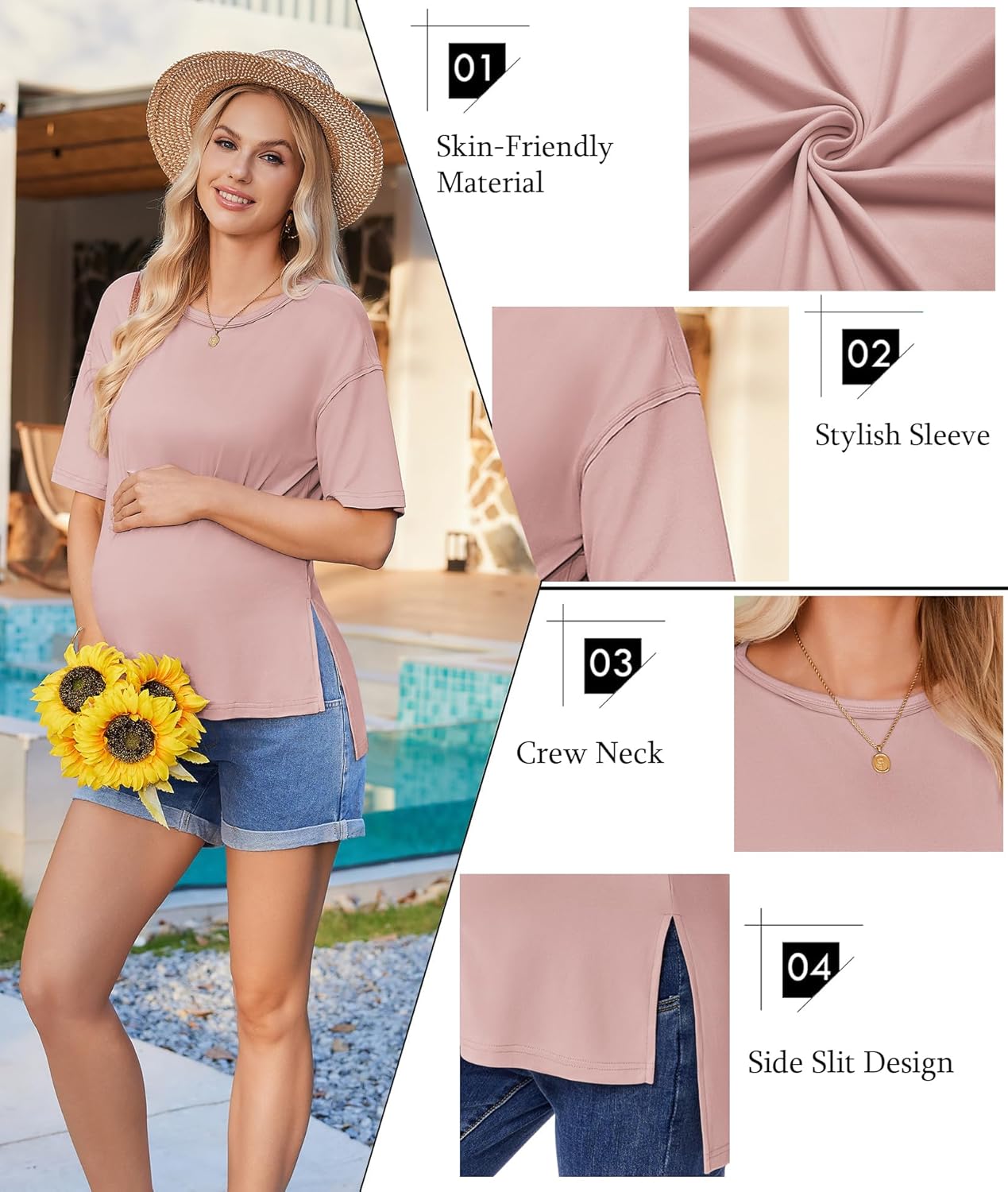 Ekouaer Maternity Shirts 3 Packs Short Sleeve Womens Oversized Pregnancy Tops Split Side Postpartum Blouse Clothes S-XXL - Image 3