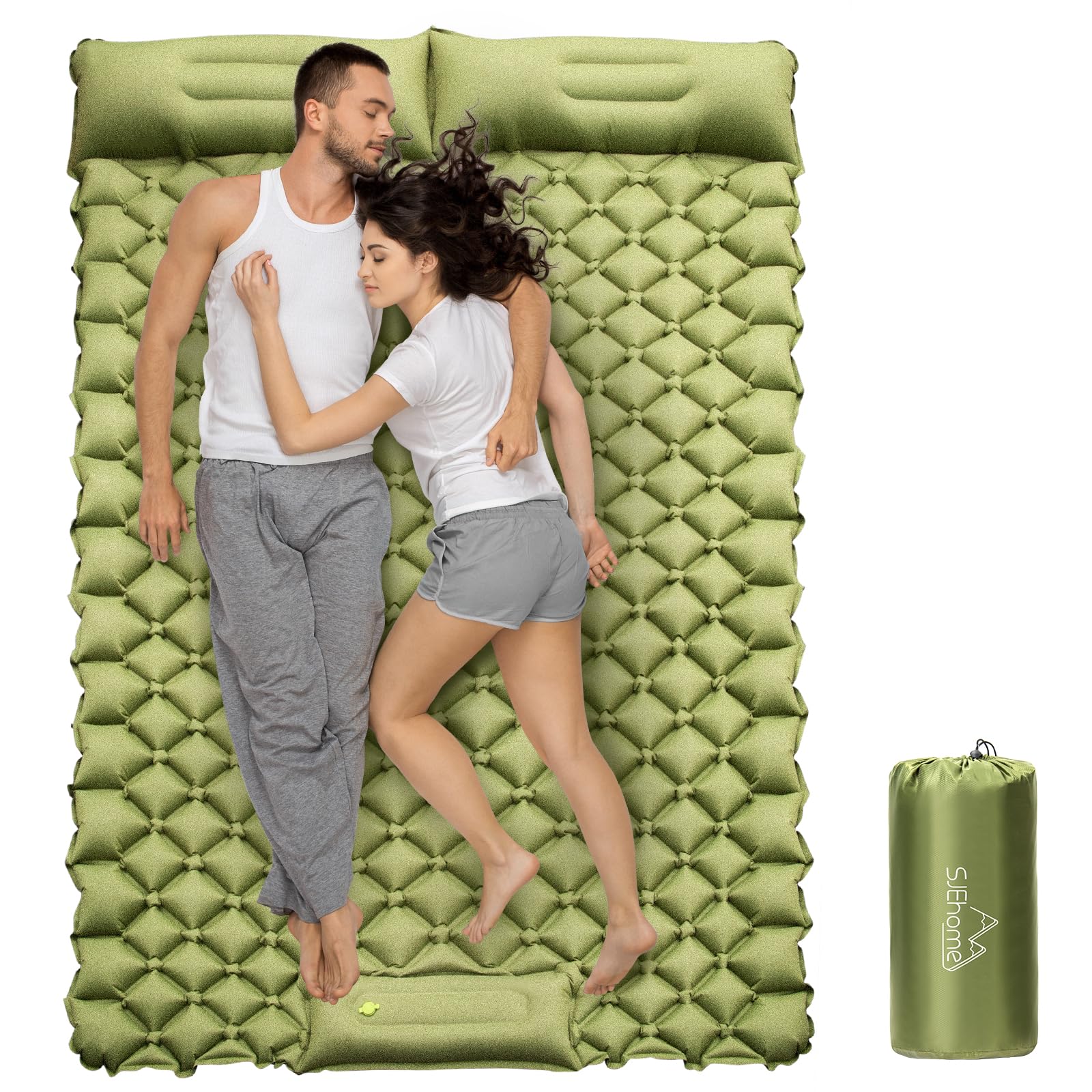 SJEhomeDouble Sleeping Pad for Camping, Low Noise Self Inflating Camping Pad, Inflatable Camping Mattress with Pillows Built-in Pump, Portable Camping Mat for Tent Backpacking Hiking Traveling
