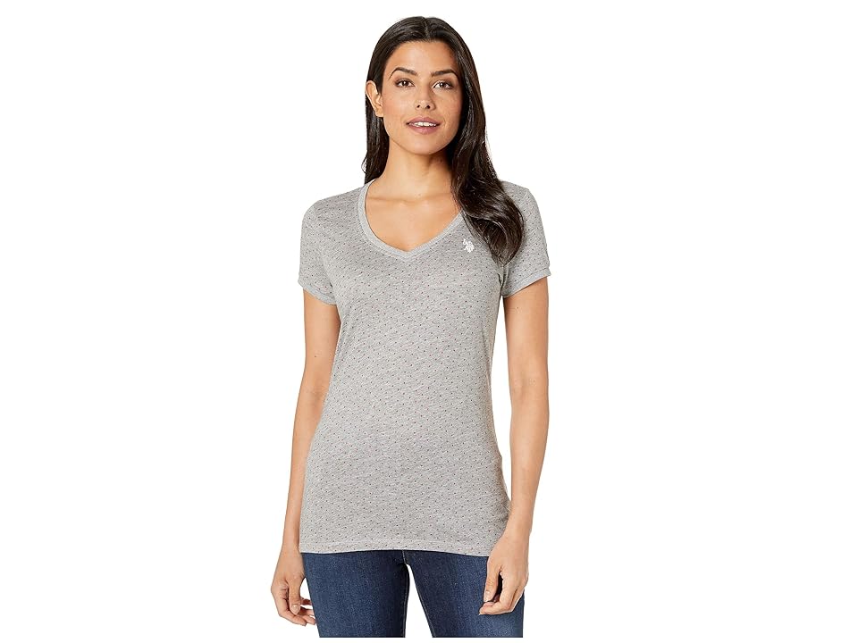 

U.S. POLO ASSN. Polka Dot Lace Trim V-Neck T-Shirt (Heather Grey) Women's T Shirt, Gray