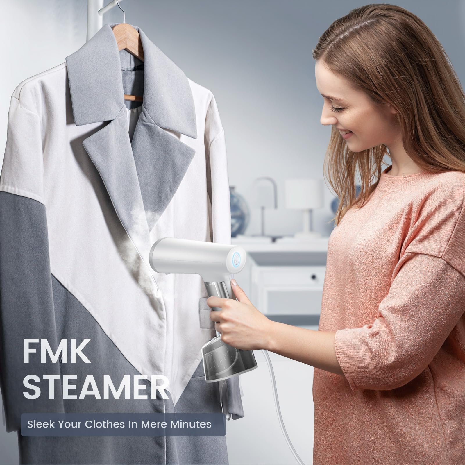 FMK Steamer Dampfglätter Reise - 1500W, Reisebügeleisen mini für Kleidung, 325ML Wassertank, Konstante Dampfleistung 25 g/min, Dampfbürste Faltenentferner für Zuhause, Büro, Reisen, Weiß