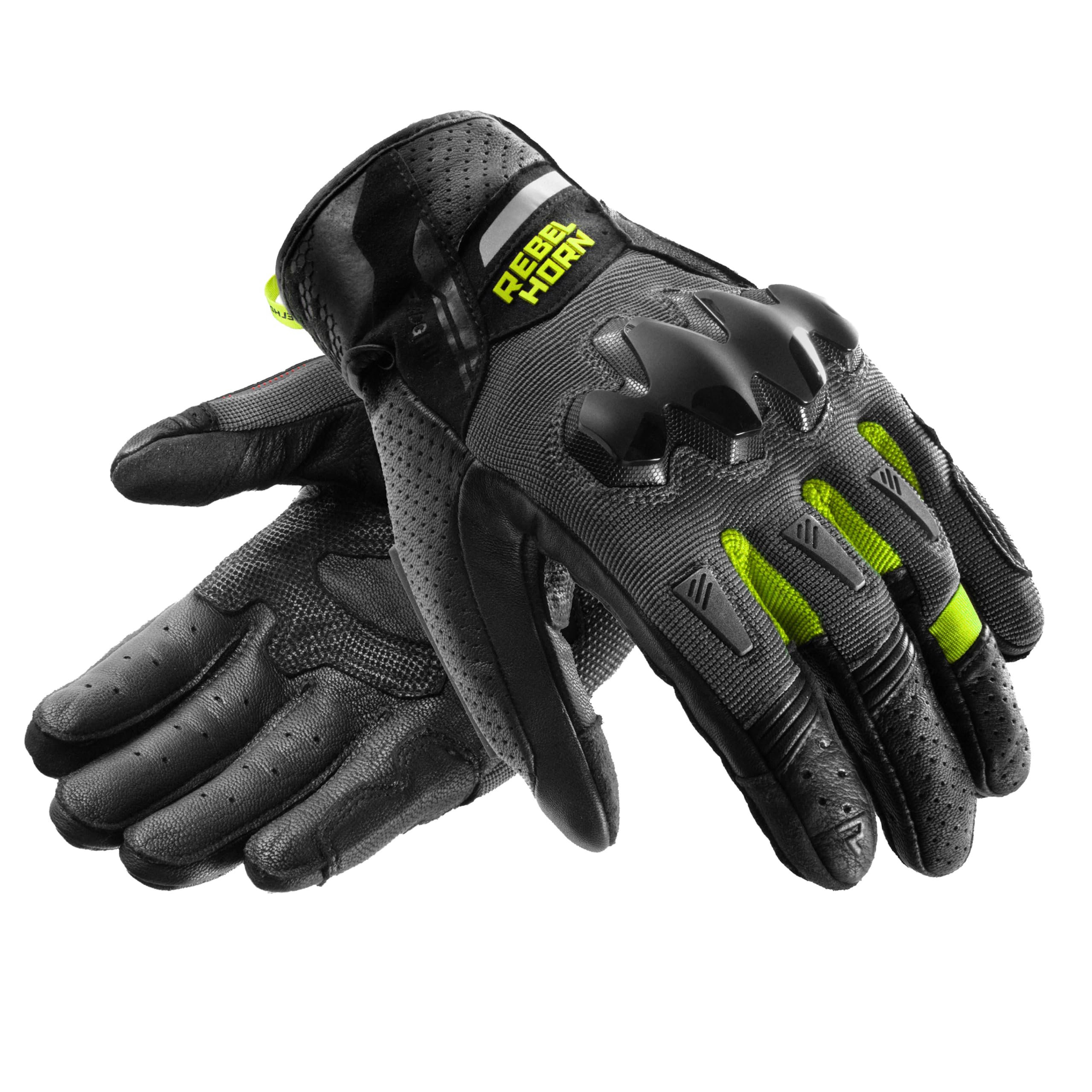 REBELHORN Defender Motorradhandschuhe Herren | Leder | Knöchelprotektoren | Große Belüftungspaneele | Cooler-Tec-Futter | Touchscreen-Unterstützung | Schutzstufe 1 KP | Größen bis 3XL