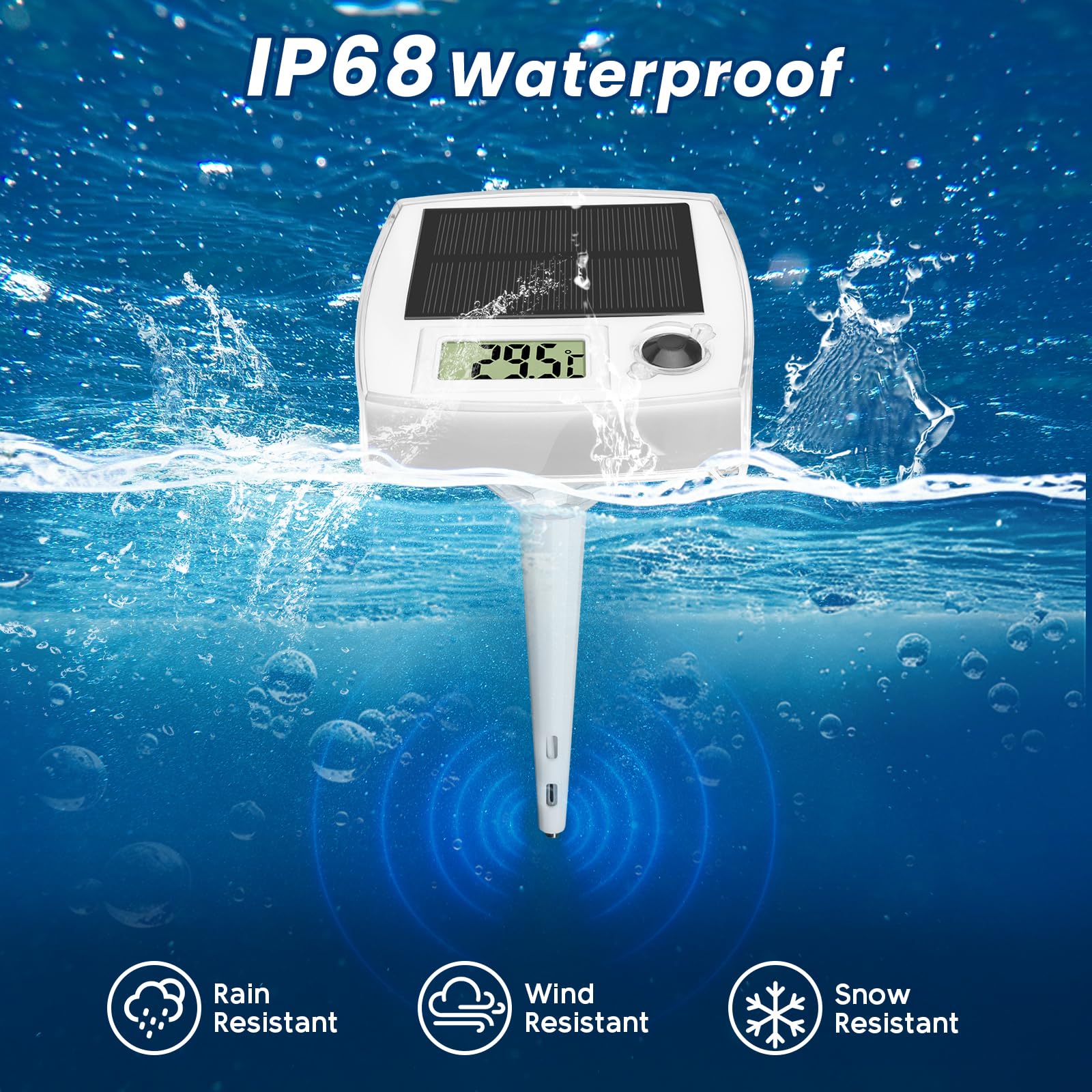 Termómetro Piscina Flotante Solar, iluminación de piscina con 8 modos LED, Termómetro digital fácil Lectura, Luz Solar Piscina IP68 impermeable, para estanque de jardín, Spa, bañeras, Acuarios