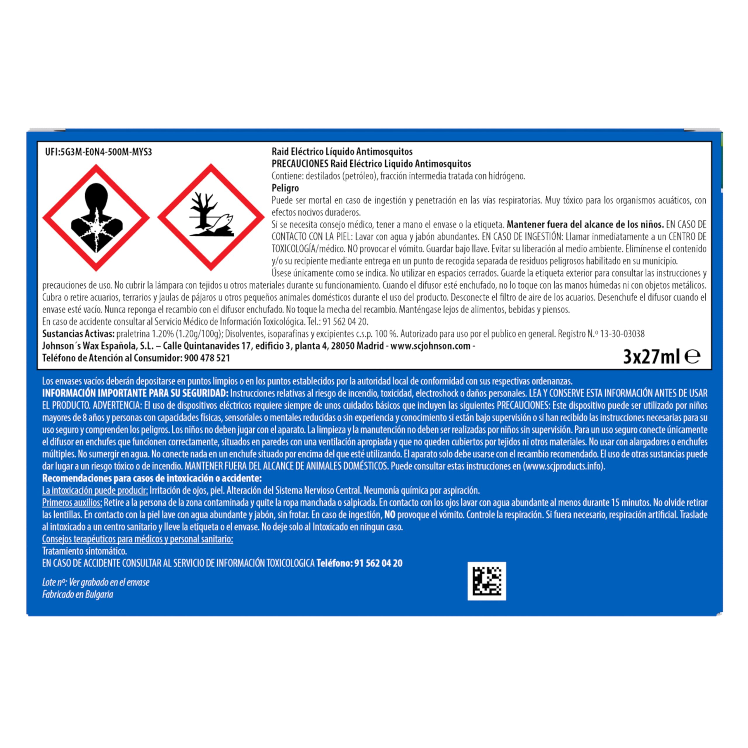 Raid Eléctrico Líquido 135 Noches - Recambios Anti Mosquitos comunes y Tigre - 3 recambios de 45 Noches