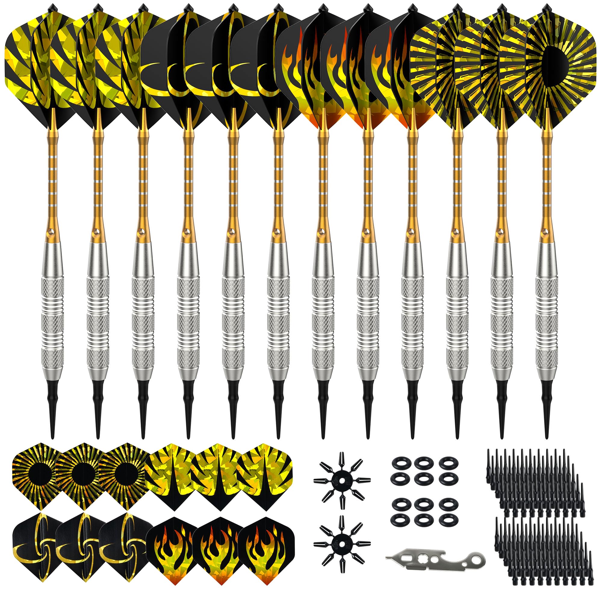 vonsera 12 Stück Dartpfeile mit Kunststoffspitze 18 g für Elektronische Dartscheibe, Softdart Set mit 24 Flights, 100 Ersatzspitzen und 2 Pcs Dartwing Protector, Dart Set