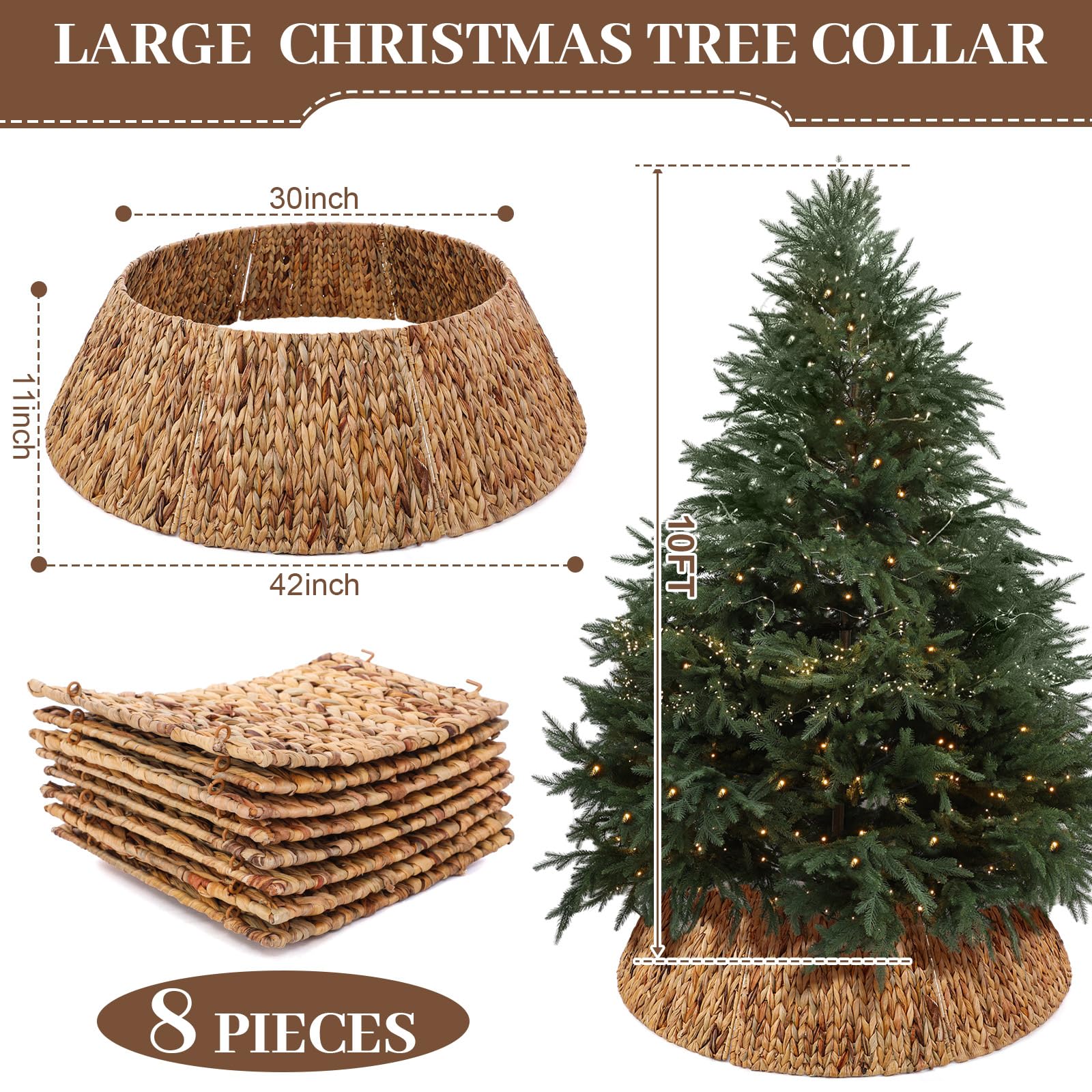Hollowfly Mini Christmas Tree Collar Woven Hyacinth Tree Skirt Rustic Farmhouse Xmas Trees Stand Base Cover Boho Christmas Trees Ring for Xmas Decorations(42 Inch)