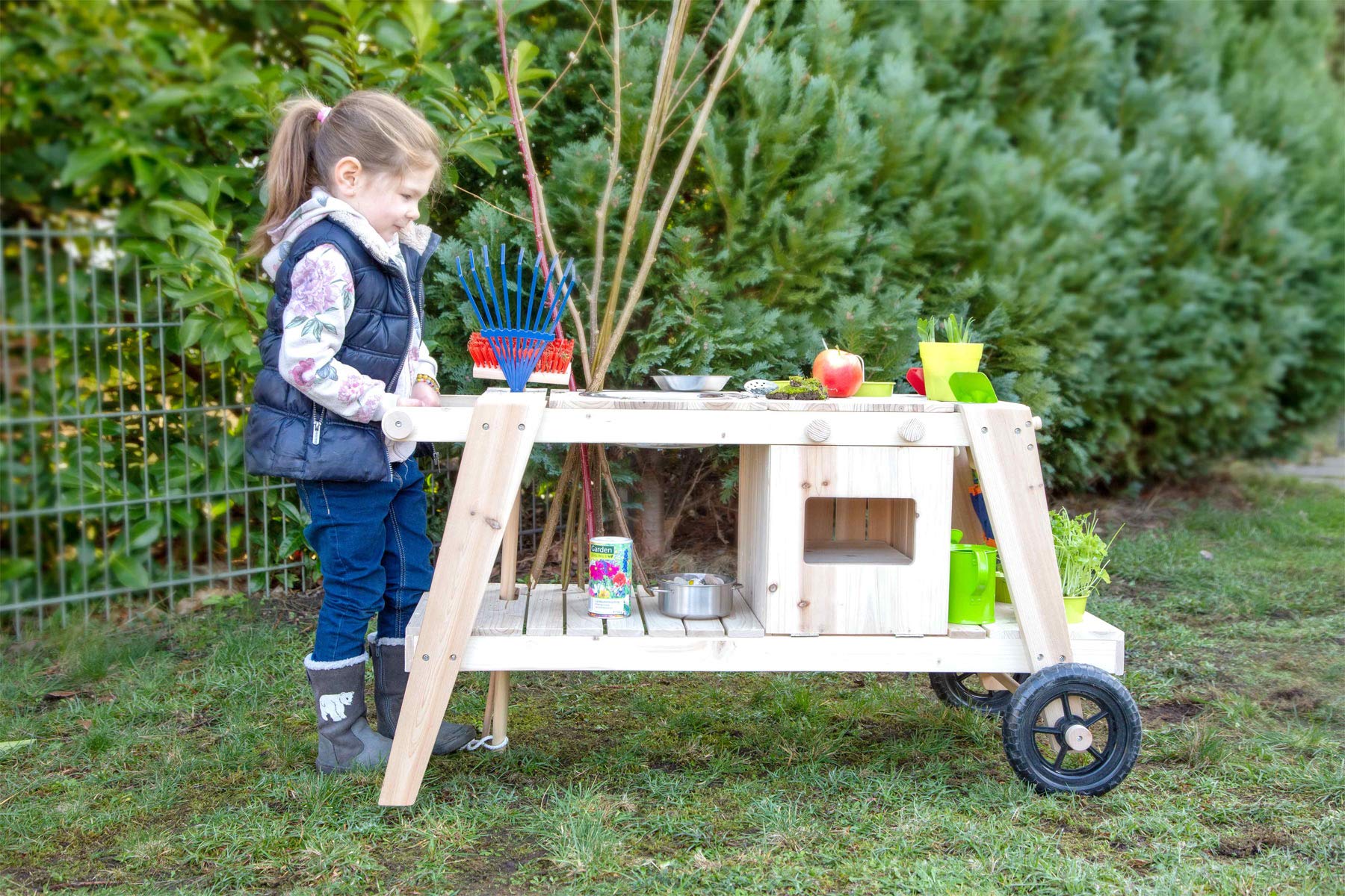 small foot Cuisine de Plein air en Bois Massif et résistant aux intempéries, Cuisine d'extérieur avec Accessoires et Roues
