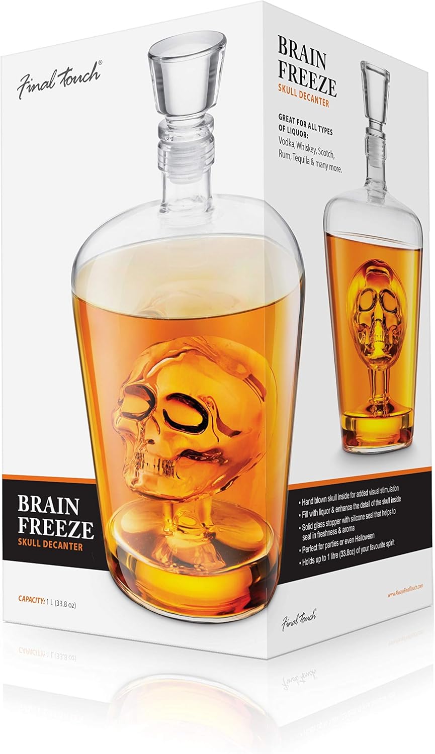 Final Touch Brain Freeze Skull Decanter - 34oz Handblown Glass with Intricate Skull Inside - Ideal for Halloween Decor, Themed Parties, Enhances Liquor Display with Freshness Seal