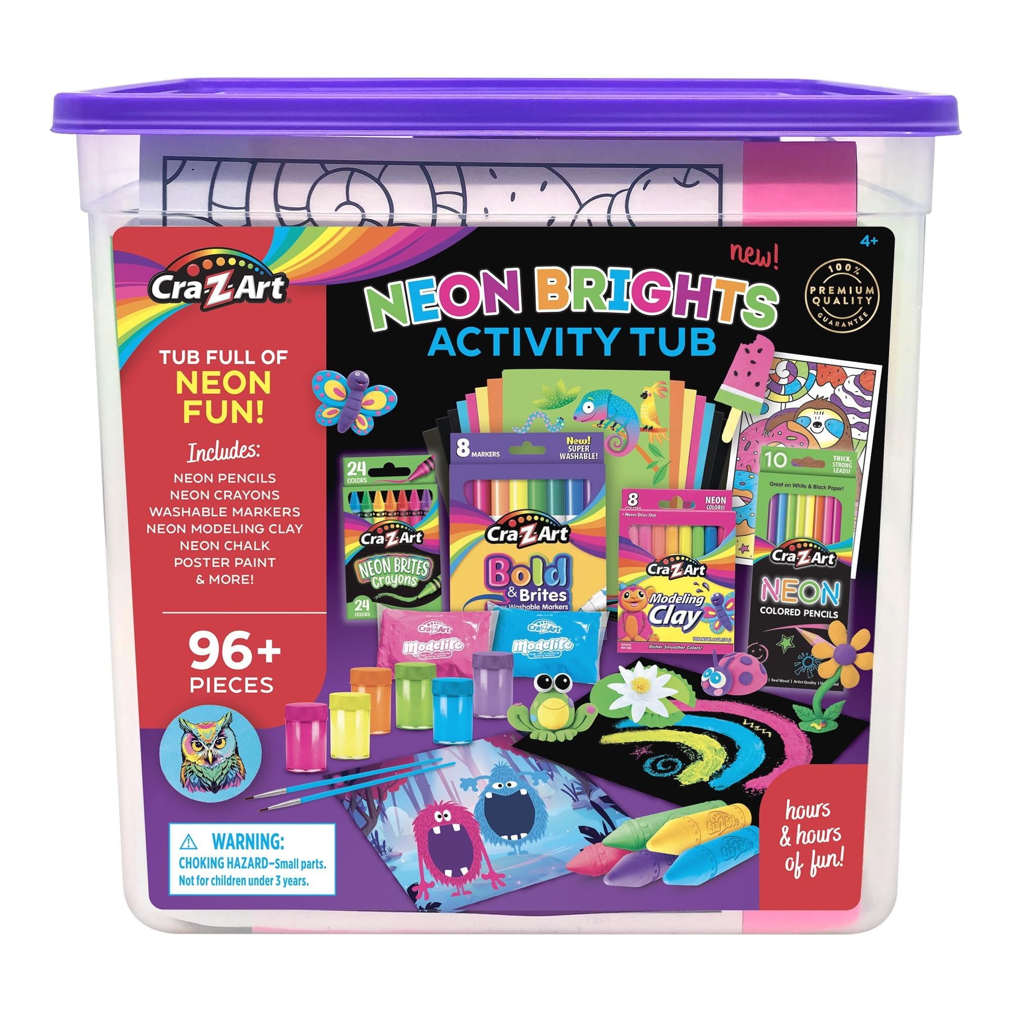 Neon Brights Activity Tub, Multi-Color Drawing Set With Over 96 Pieces For Ages 4 And Up - Great For Gifting For Birthdays And Holidays, Great For Day Cares, Home School, Scout Meetings, Or Vacations!