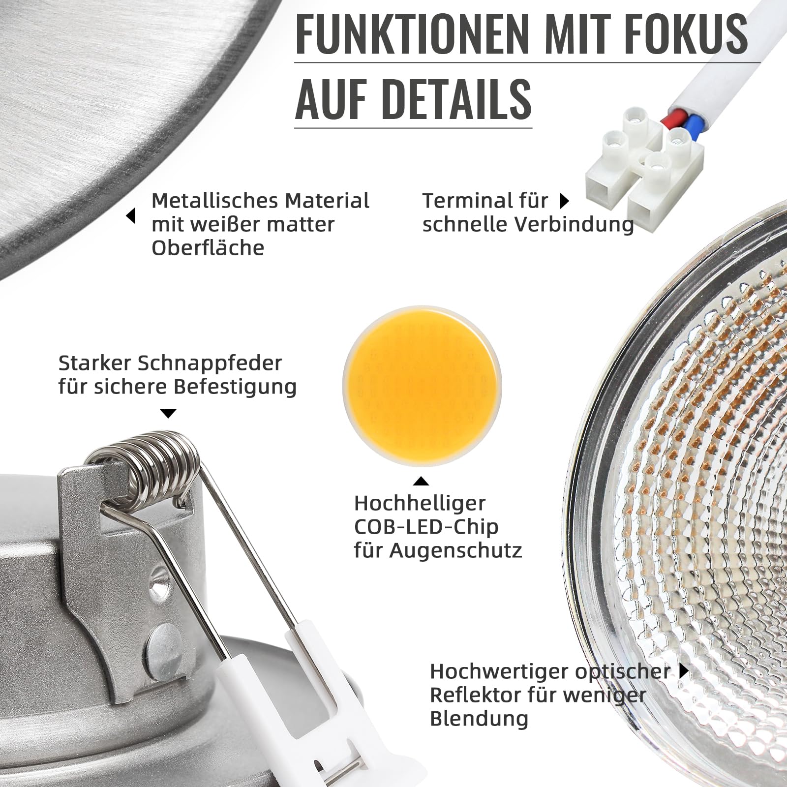 6er LED Einbaustrahler Dimmbar 10W Set Spots Deckenleuchte Flach 33mm LED Spots 230V Rund Gebürstet Edelstahl Einbauleuchten 2700K Warmweiß 850LM für Küche