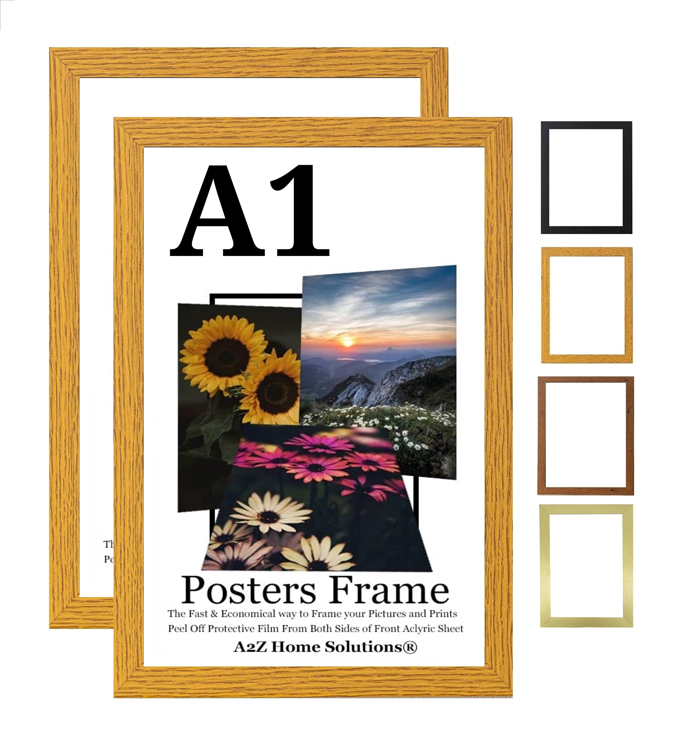 A2Z Home Solutions® Multipack Oak A1 Poster Frames 59.4 x 84.1 cm With Safe Clear Perspex Front & Wall Mounting A1 Frames In Multiple Colors MDF Backboard Portrait or Landscape (2)