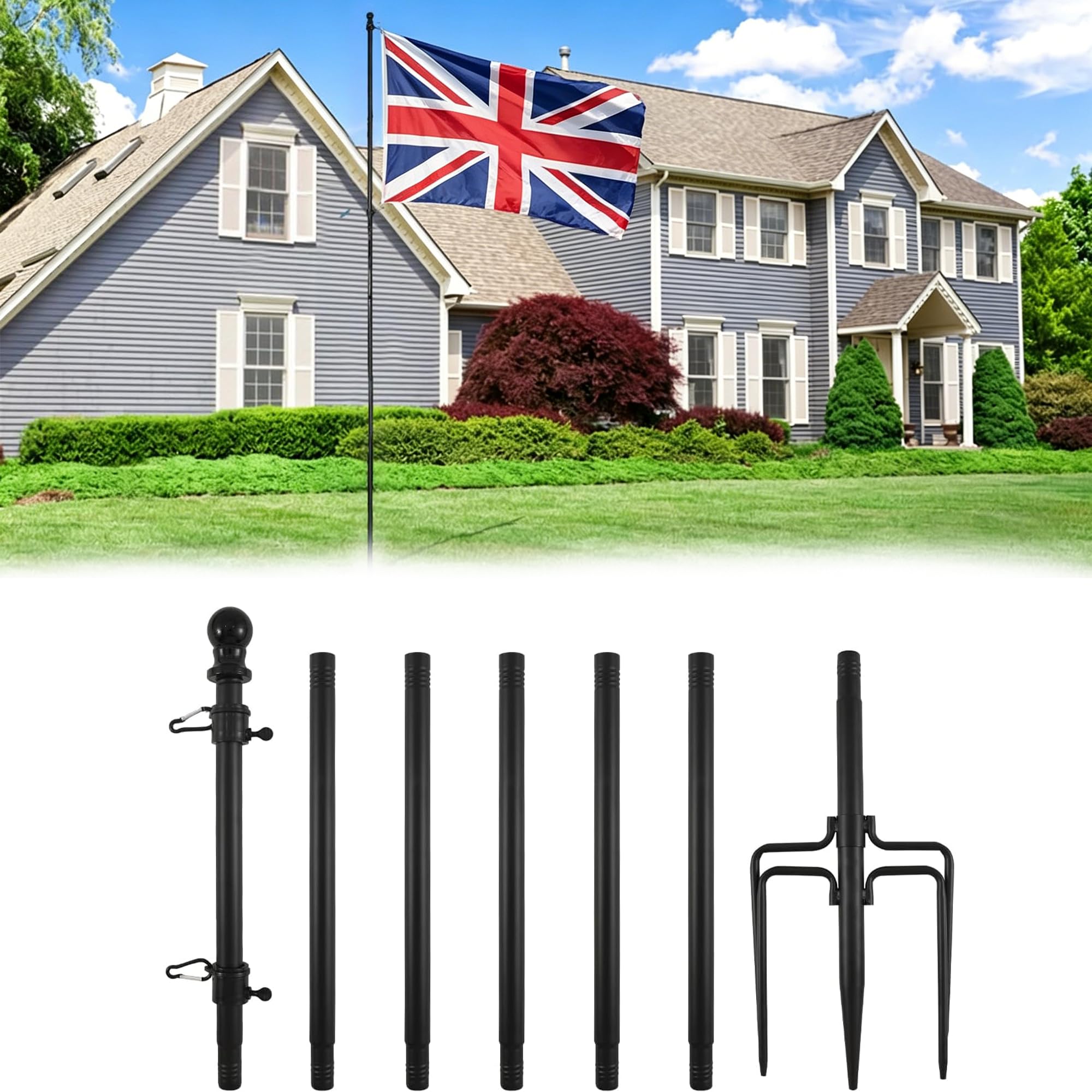 Gxdamxz Flagpole Kit for Garden, 116" Metal Flag Pole with 5 Prong Ground Stake, Sectional Outdoor Flag Poles for Yard and Residential Use