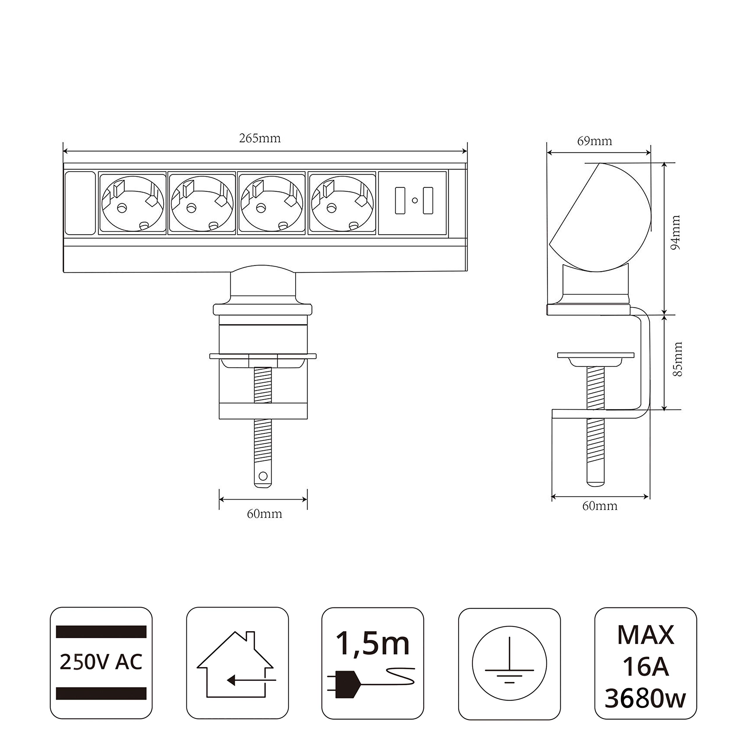 Prise pour Plan de Travail 4 Prises 2 USB Bloc Prise Cuisine Pas Besoin perçage et fixée Avec Le Support Prise idéale pour Cuisine Salle de réunion Bureau Chambre