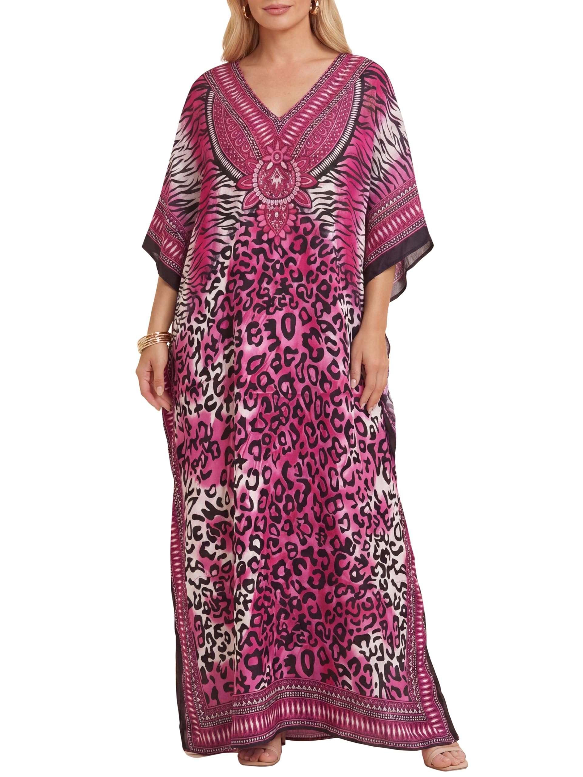 Love My Fashions Women's Fuchsia Pink Love My Fashions® Moroccan Kaftans Paisley Print Tunic Long Summer Dress Loungewear Swim Cover Up Beachwear Sundress Casual Nightwear