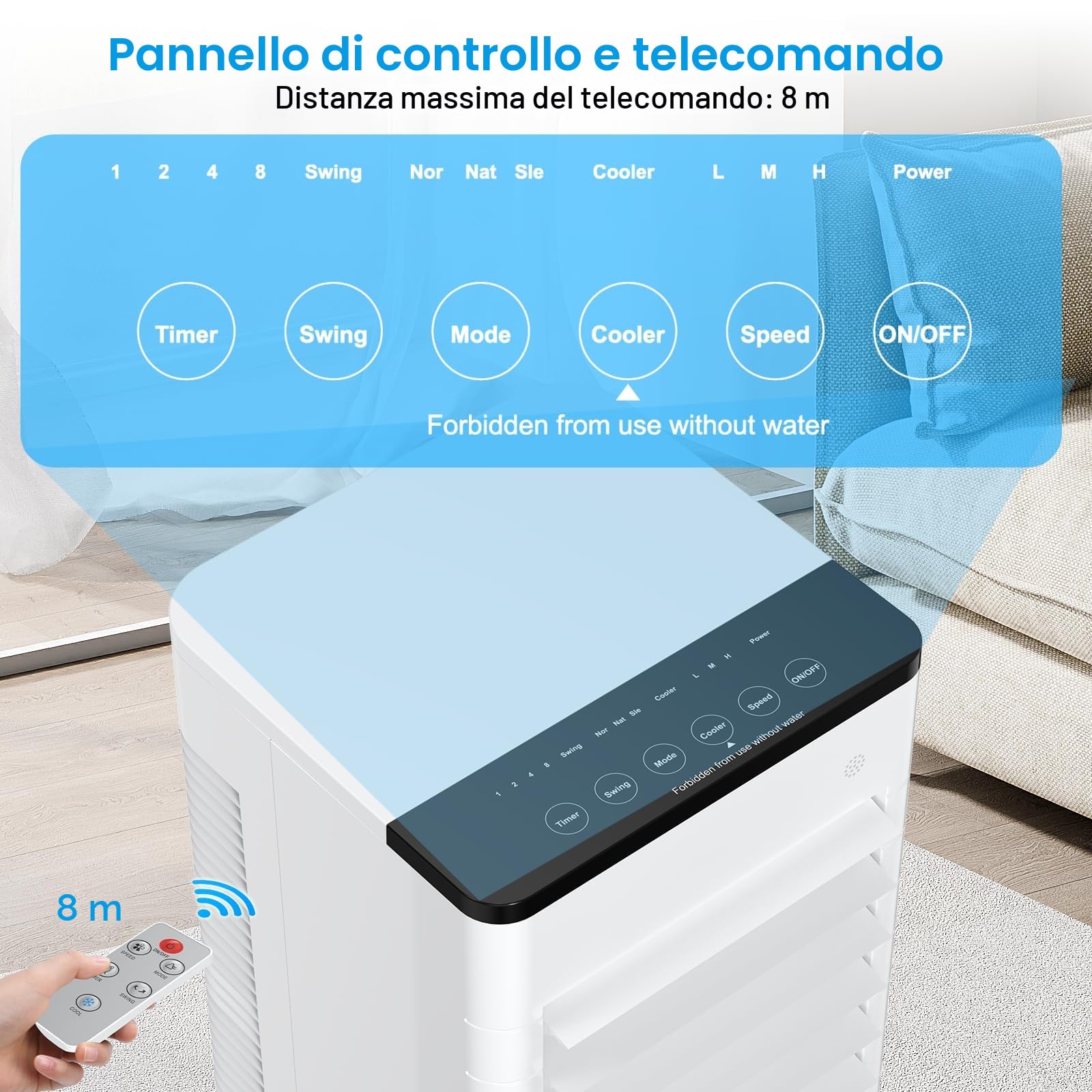 Condizionatore Portatile Senza Tubo, Silenzioso Raffreddatore d'aria Grande Serbatoio da 5.5 L, 4 in 1 Multifunzione Evaporativo Mobile, Timer da 7 ore,3 Velocità,con Telecomando,Senza Unità Esterna