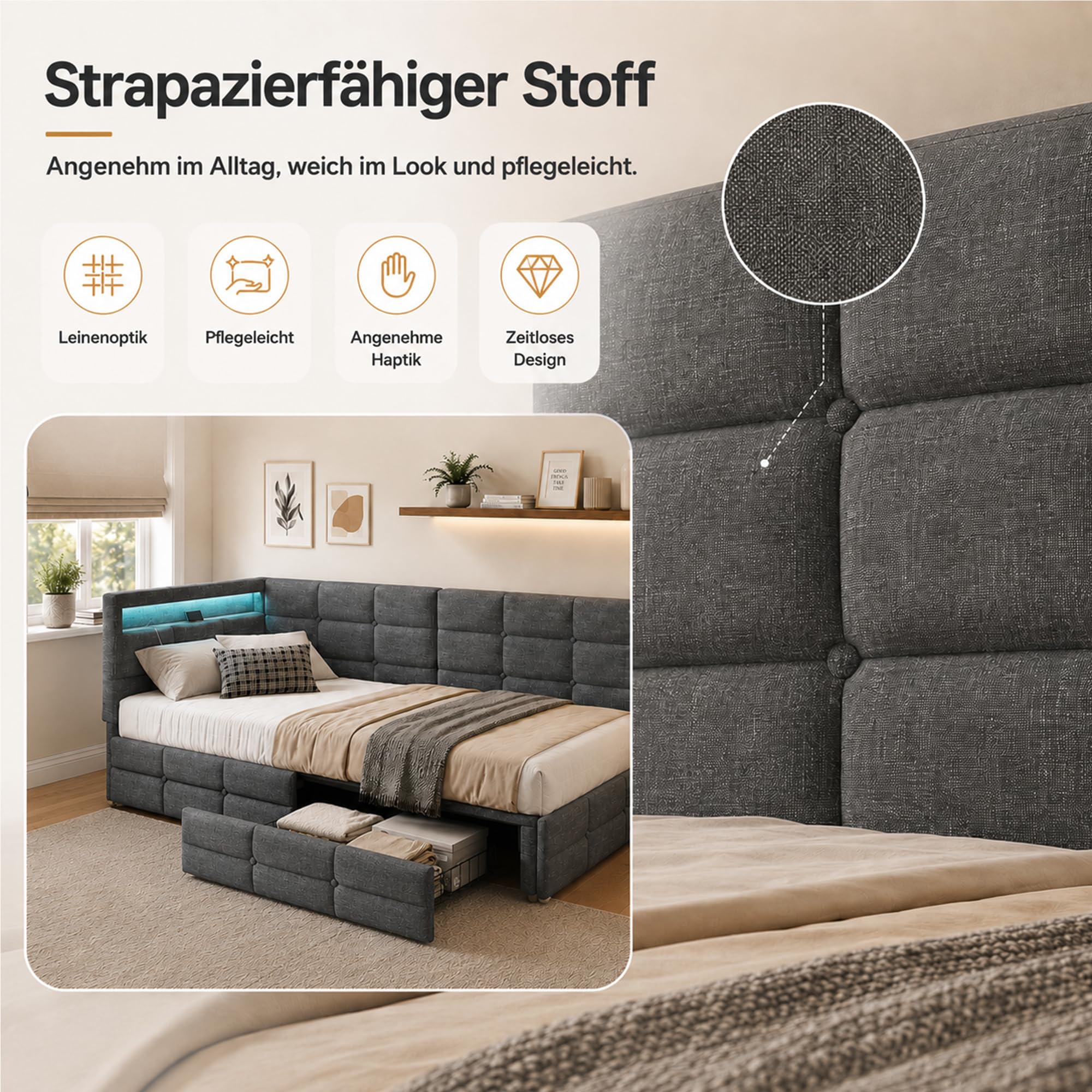 DULRLLY sofa do spania 90 x 200 cm z półką do przechowywania, tapicerowana sofa z oświetleniem LED i portami USB, nowoczesne łóżko piętrowe dla 1 osoby, wielofunkcyjne łóżko 90x200 z stelażem, pościel