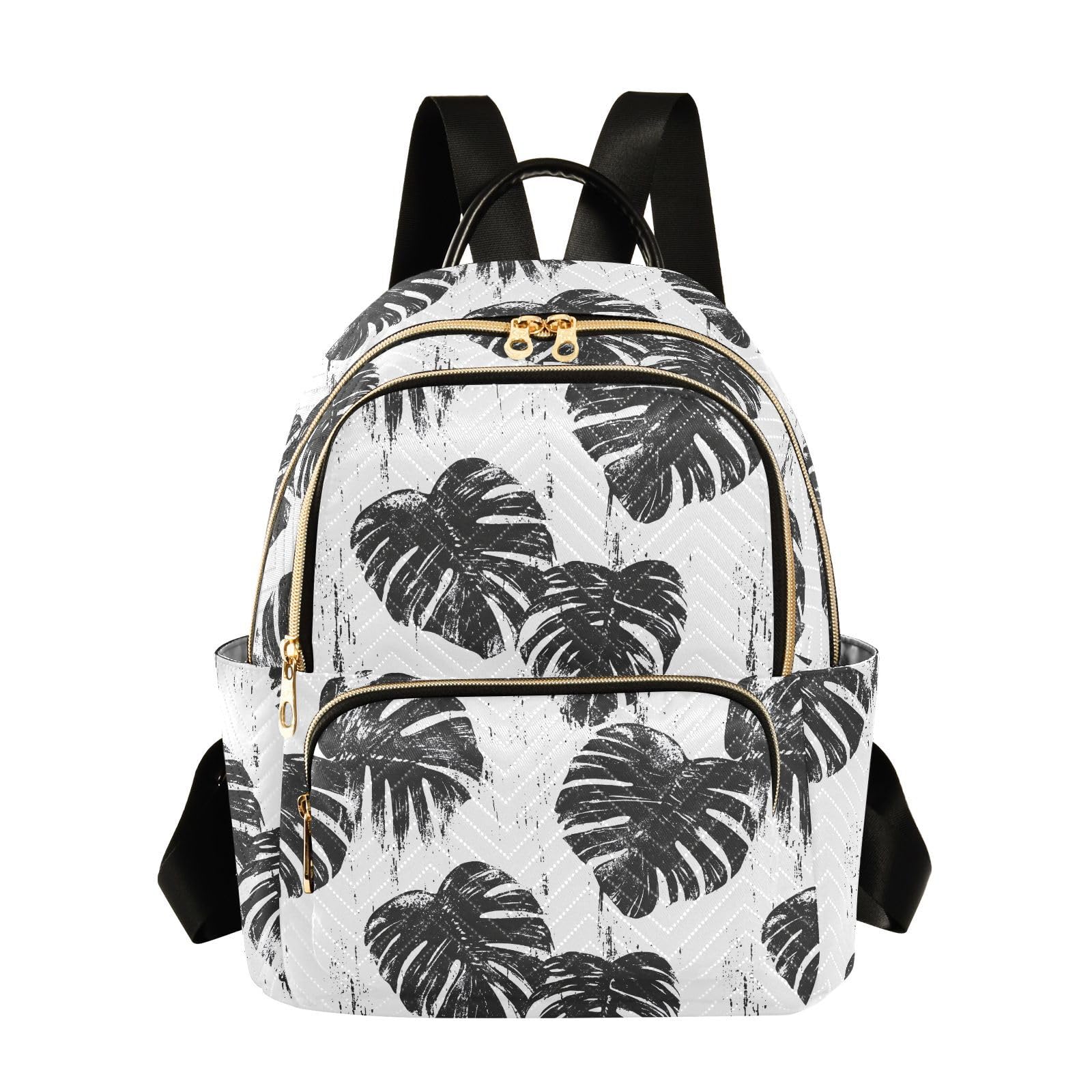 Women Fashion Backpack Purse Black White Monstera Leaves Mini Travel Backpack Ladies Shoulder Bag Work Daypack 14L