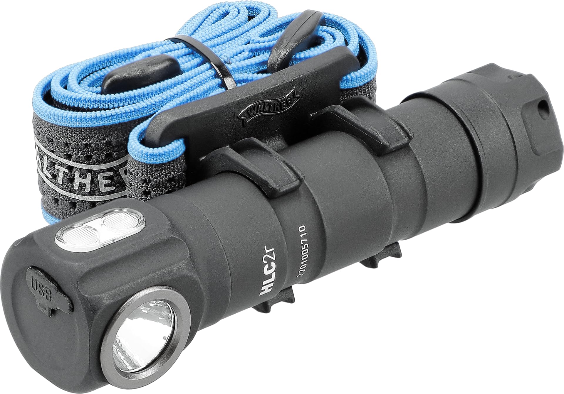 Walther HLC2r Lampe frontale rechargeable USB IPX6 étanche avec batterie 18350, câble de charge, clip MOLLE, dragonne et joint de rechange