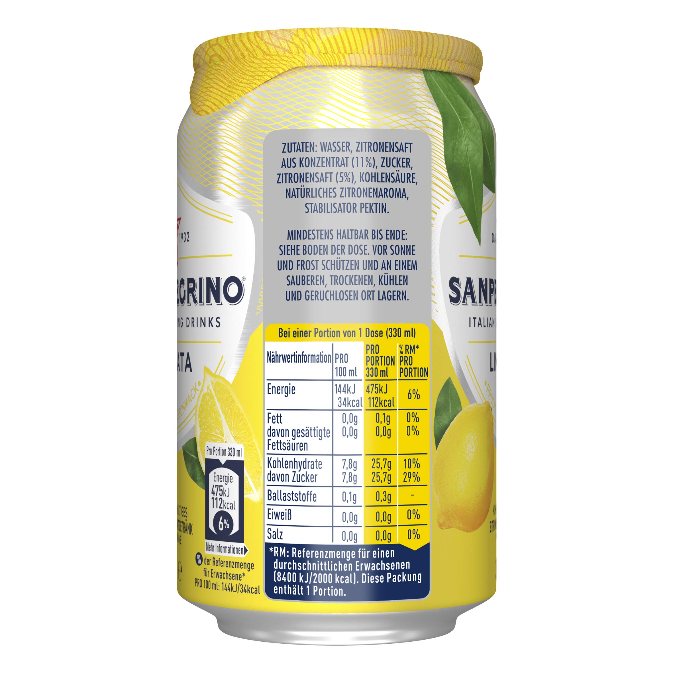 Sanpellegrino | Zitronen Limonade | Limonata | Hoher Fruchtanteil 16% frisch gepresster Zitronen | Ideal für unterwegs | 24er Pack (24 x 0,33l) Einweg Dosen