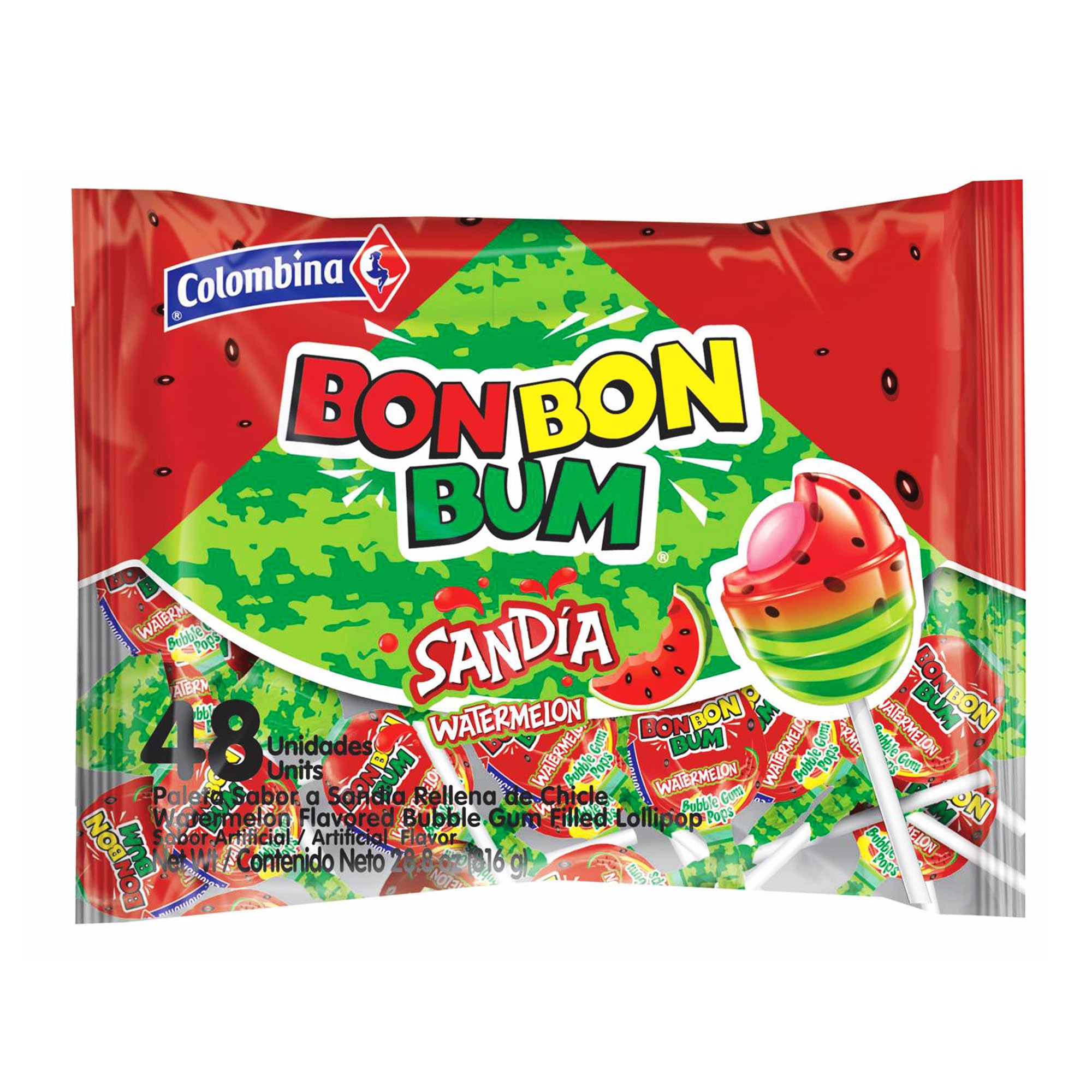 Colombina Bon Bon Bum Lollipops Watermelon Flavor, 48 Count (Pack of 1)