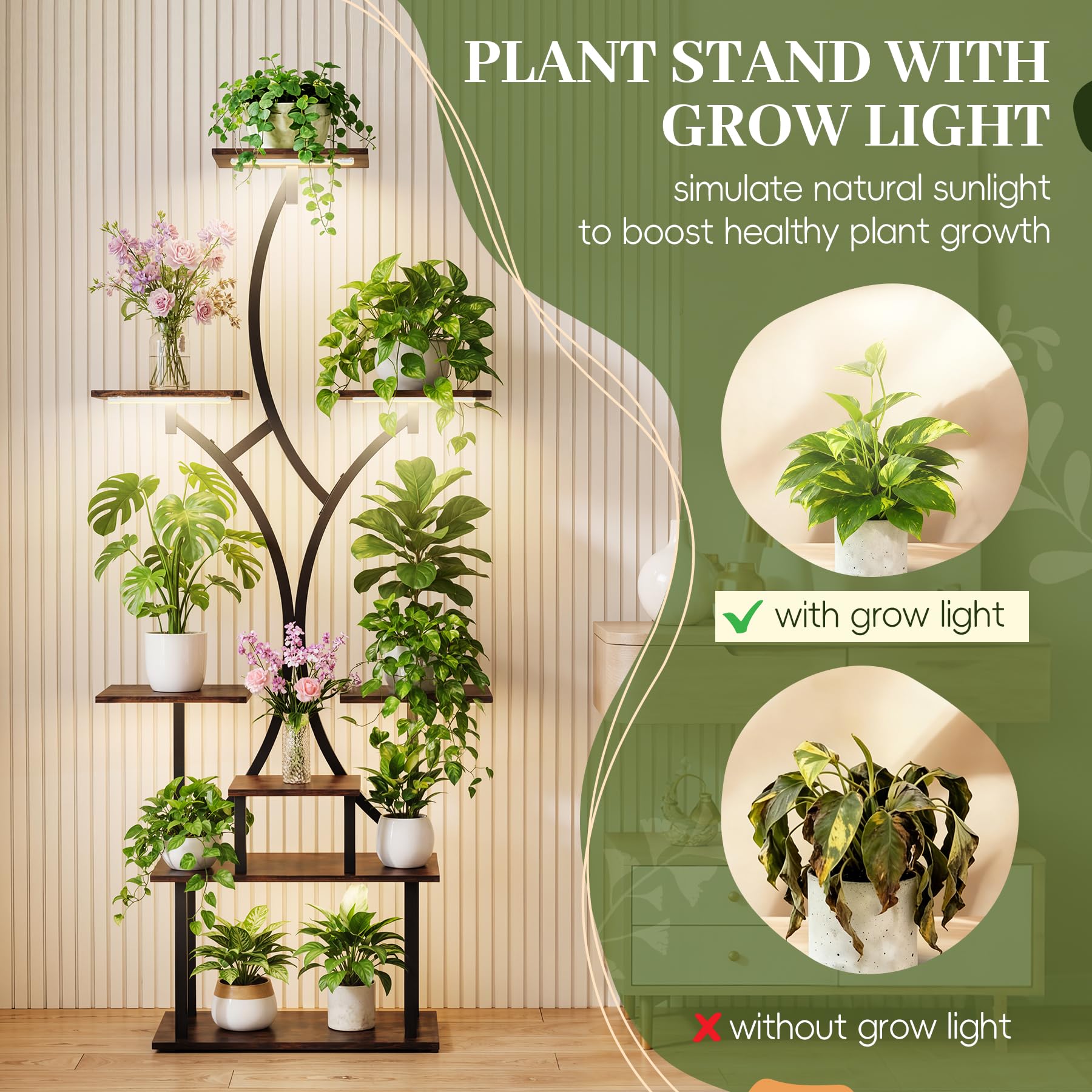 Soporte Plantas Interior con Luz de Crecimiento, 162 cm de Alto, Estanteria Plantas 8 Niveles, Soporte para Planta Madera & Metal para Salón, Terraza, Jardín, Balcón, Decoración Del Hogar