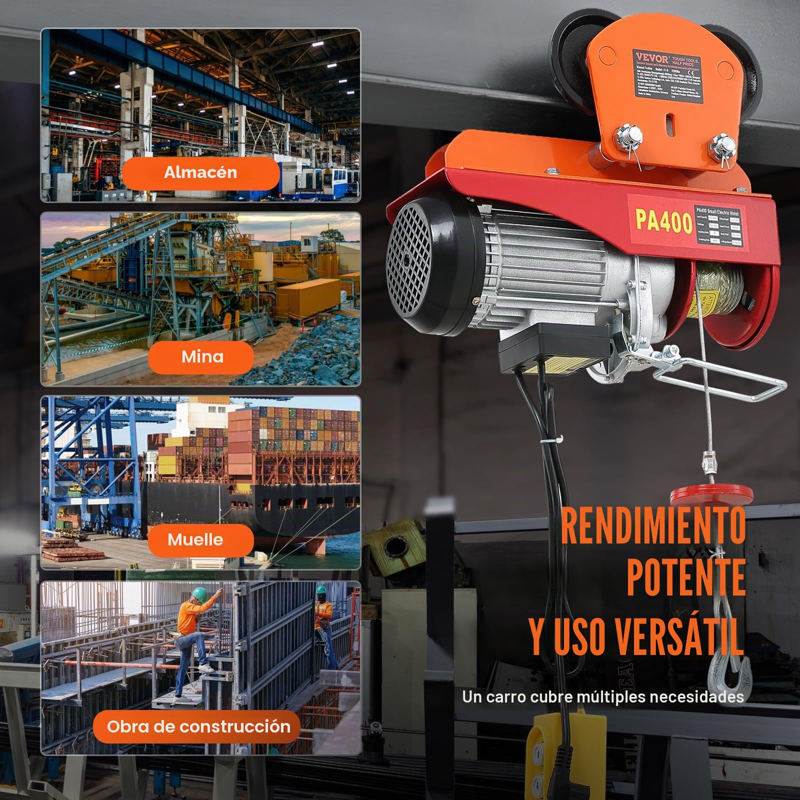 VEVOR Carro Portapolipasto Eléctrico Carga de 1 T Carro con Viga de Empuje de Acero Aleado Ancho Ajustable 68-110 mm con Ruedas para Polipasto PA200 PA250 PA300 PA400 PA500 Viga I Recta y Curva