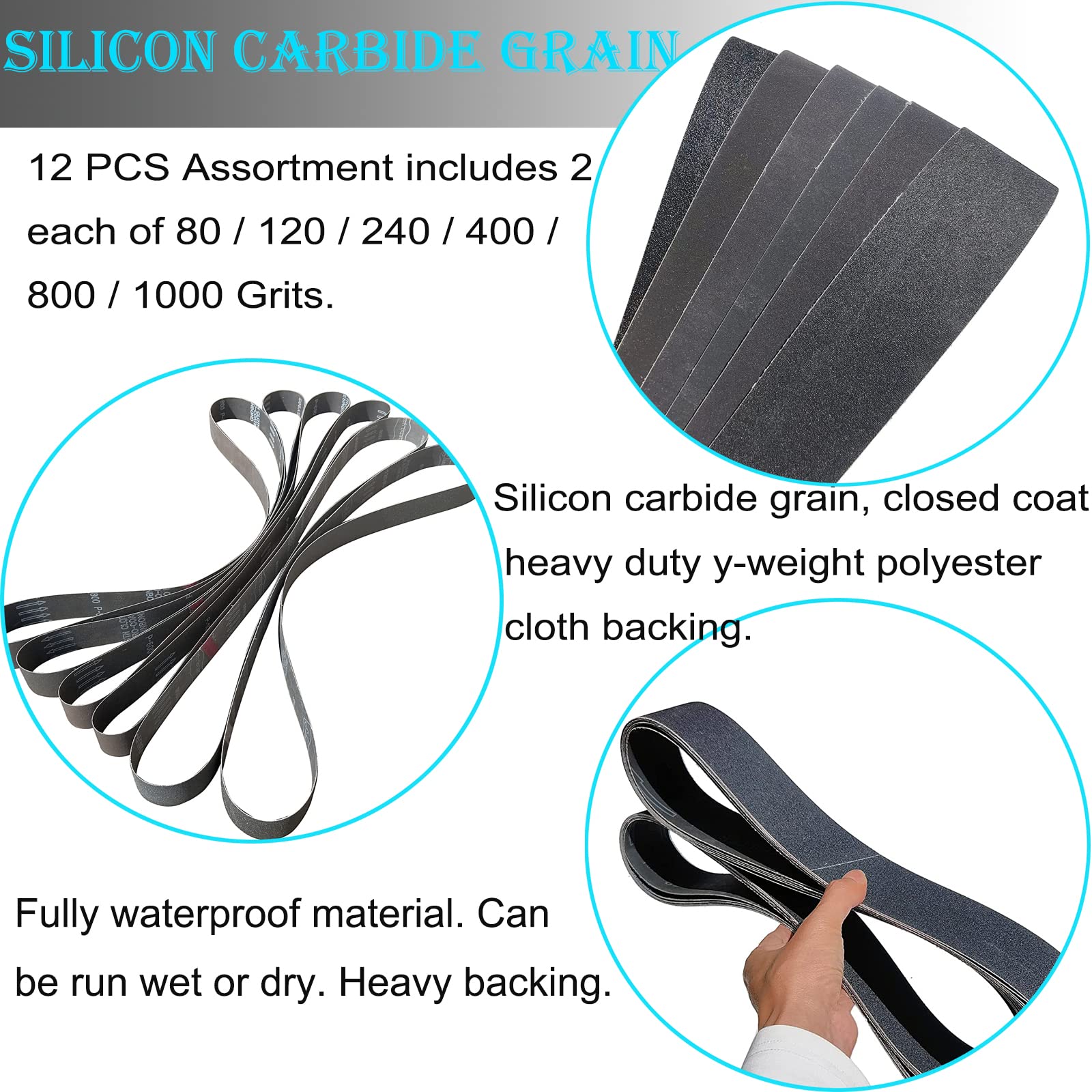 Surtido de 12 bandas de lijado de carburo de silicio de 5 x 183 cm, de grano 80, 120, 240, 400, 800, 1000 para afilar cuchillos y metalurgia.