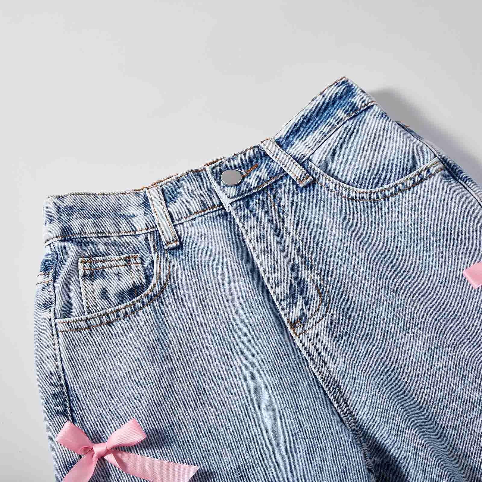 Pantalones para NiñAs-Pantalones Vaqueros Holgados De Pierna Ancha para NiñAs, Pantalones De Mezclilla con Cintura Alta EláStica, Lindos Pantalones con Lazo, Ropa De Calle Informal para NiñOs