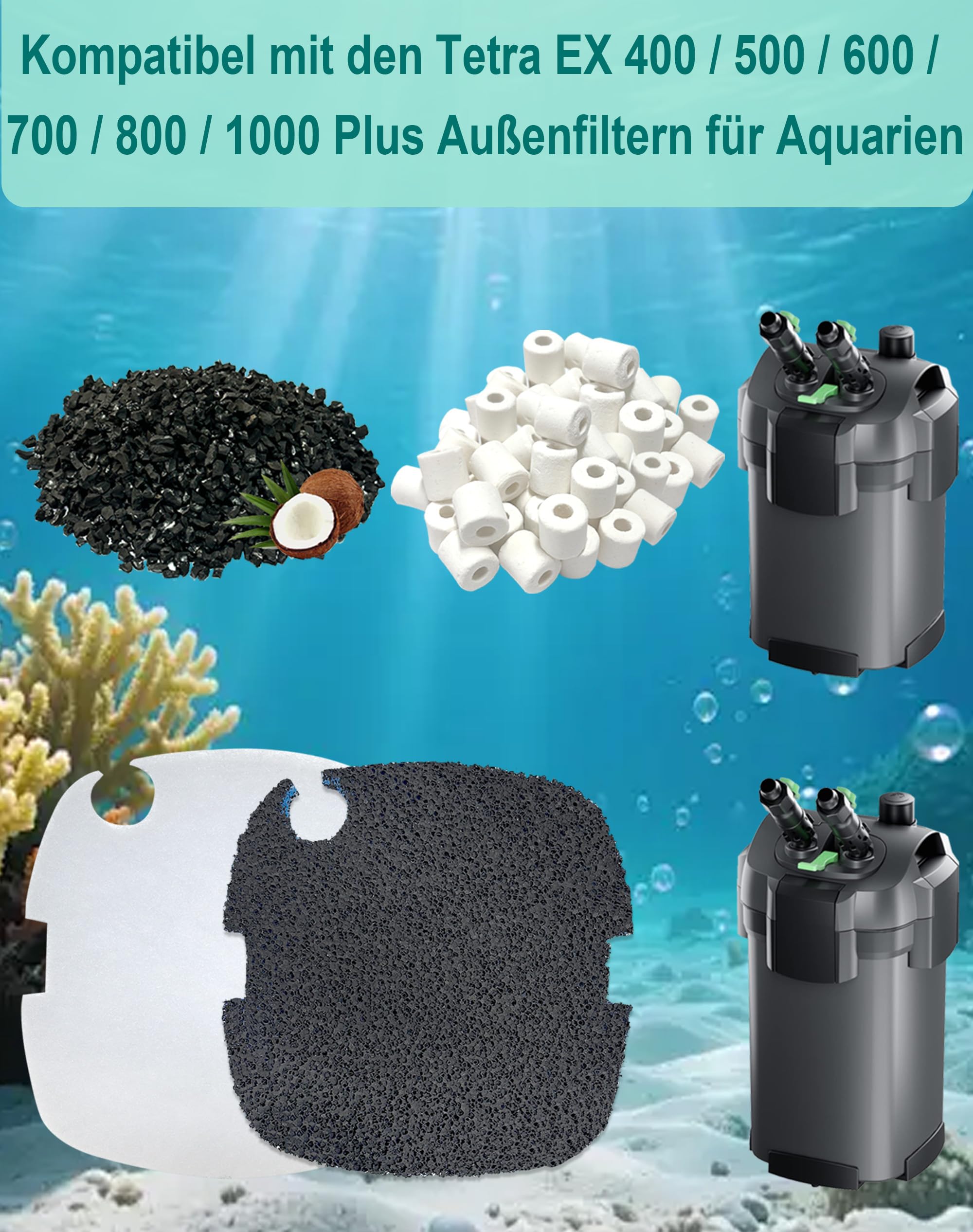 Kit de 16 filtros compatibles con los filtros externos Tetra EX 400/500/600/700/800/1000 Plus para acuarios, incluye filtro fino FF FilterFloss, anillos de cerámica (para acuarios de hasta 300 l)