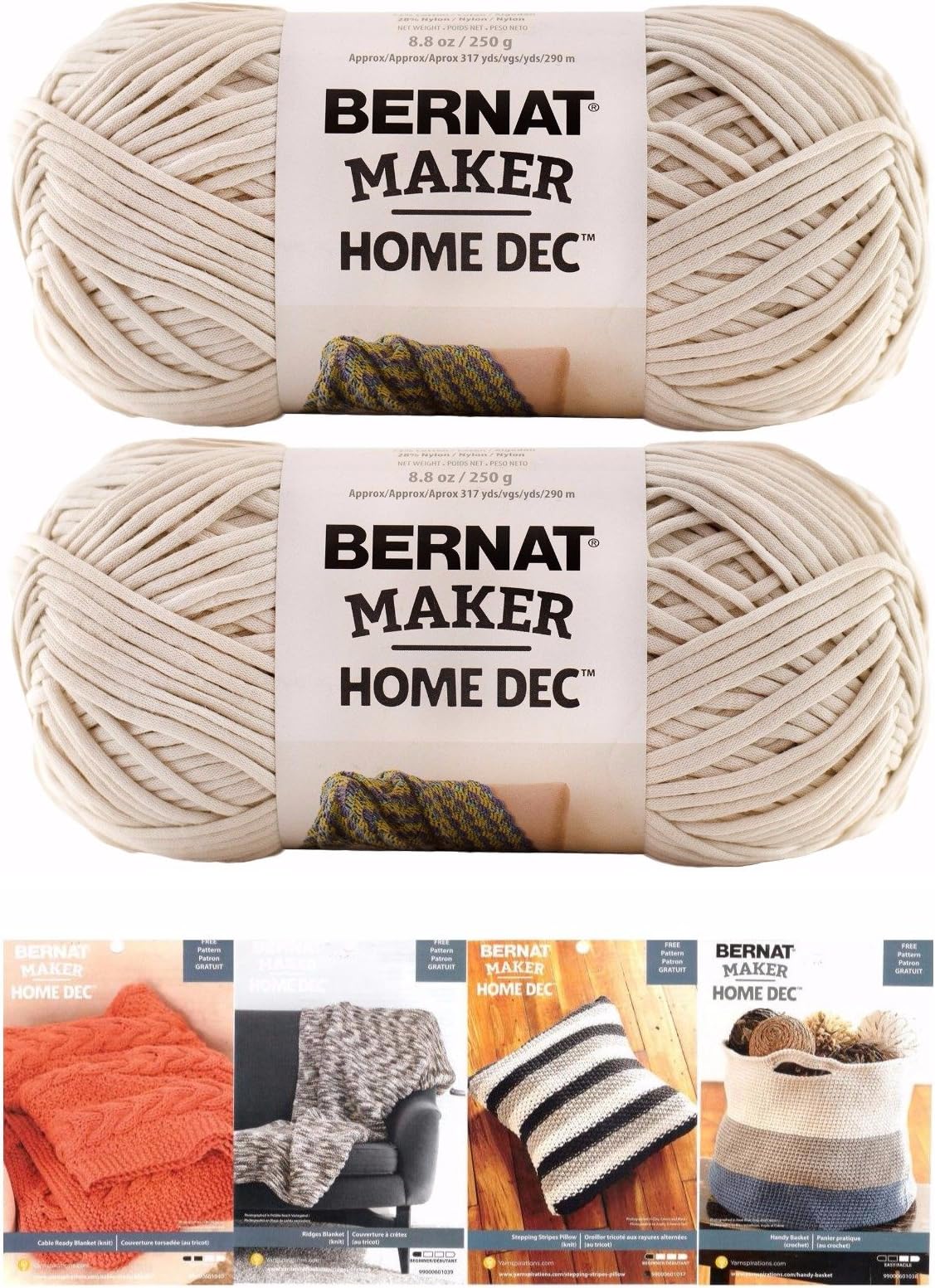 Bernat Maker Home Dec Corded Yarn Bundle 2 Skeins with 4 Patterns 8.8 Ounce Each Skein (Cream)